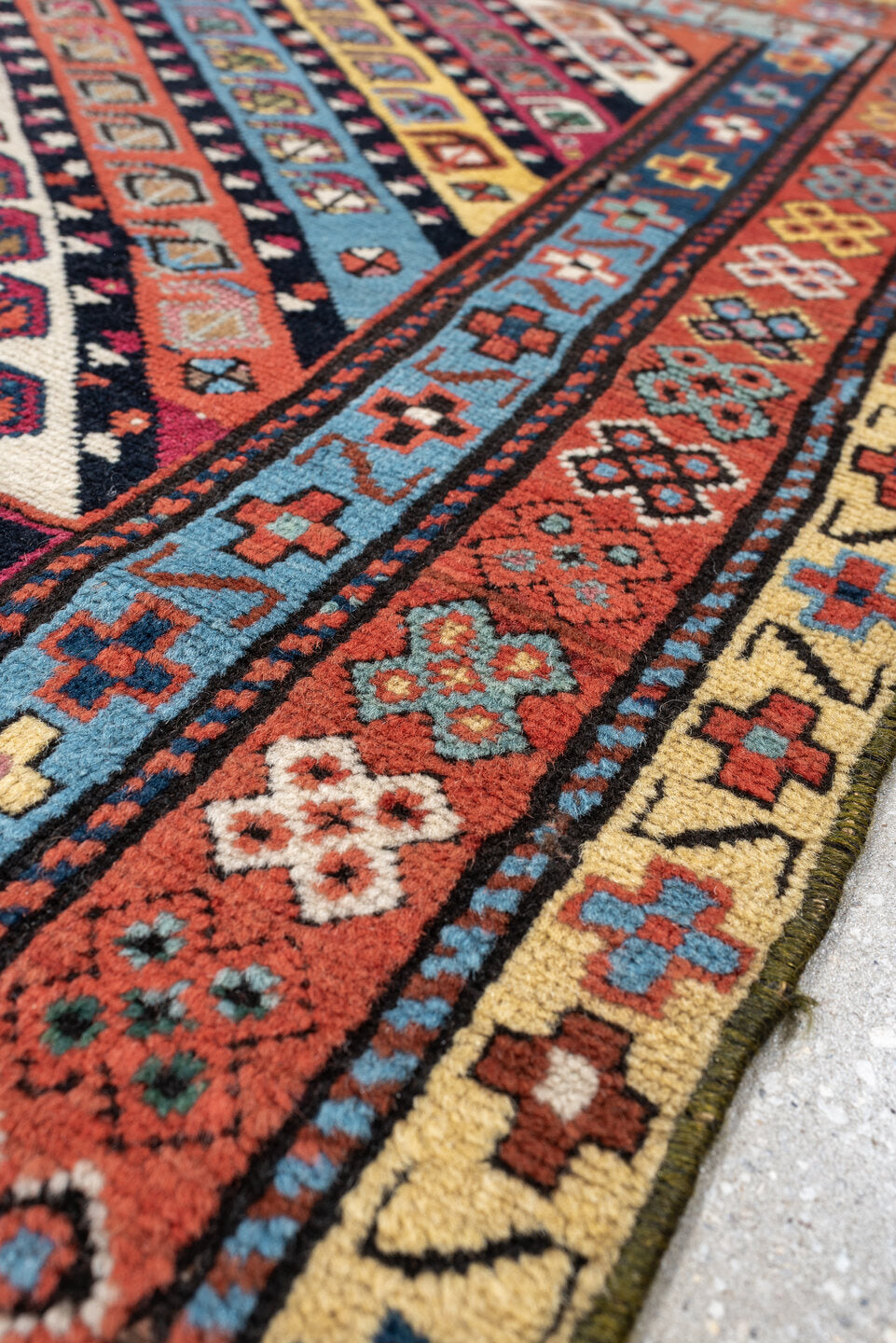 2' x 4' one-of-a-kind handmade vintage Karabagh small size rug. Color palette: terracotta, ivory, sky blue, navy, magenta