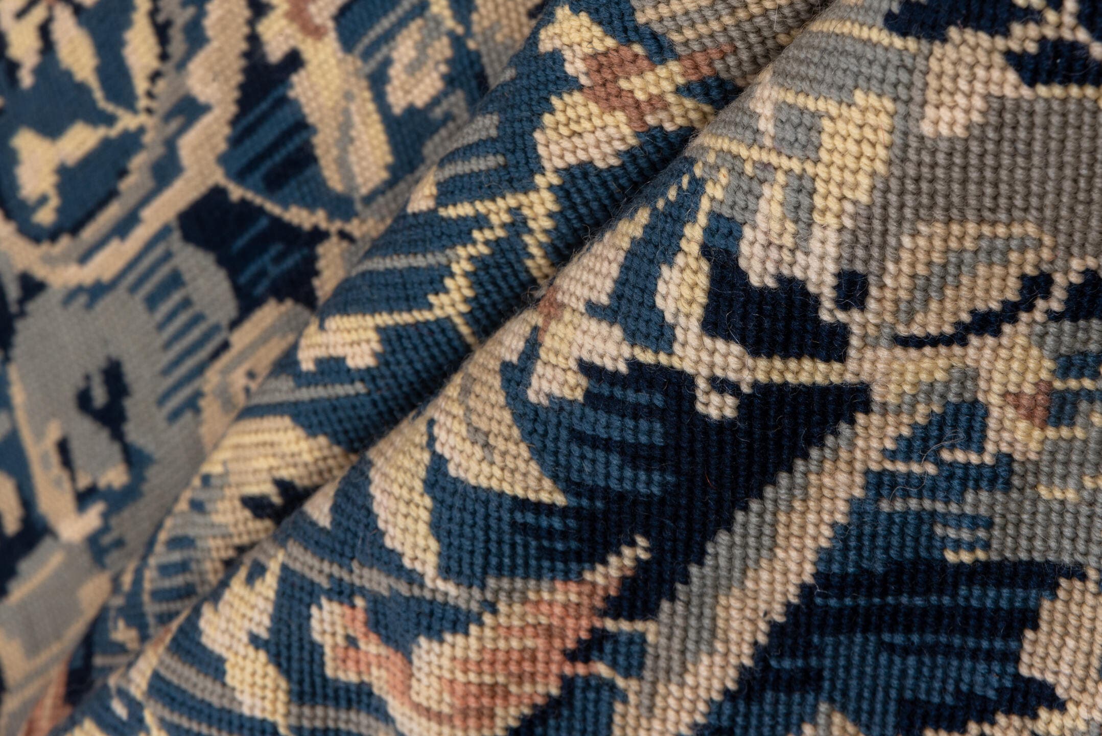 2' x 4' one-of-a-kind handmade vintage Needlepoint small size rug. Color palette: blue, ivory, rose, slate, taupe, navy