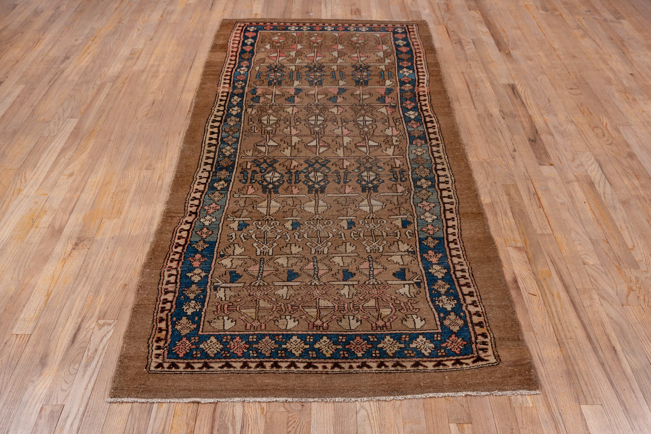 3' x 8' one-of-a-kind handmade antique Cam Hamadan runner rug. Color palette: taupe, brown, indigo, ivory, rose, camel