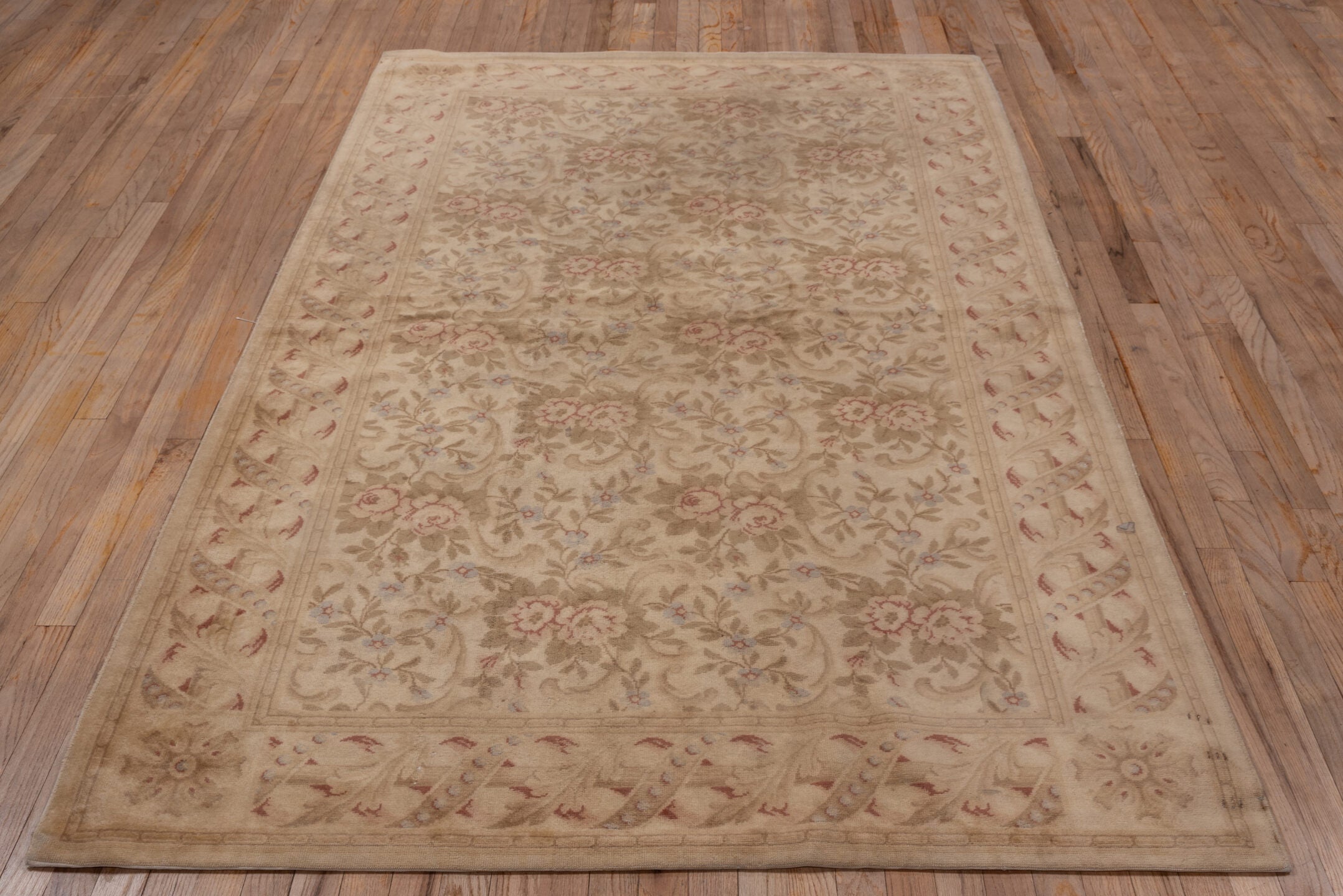 5' x 8' one-of-a-kind handmade antique Savonnerie medium size rug. Color palette: beige, ivory, taupe, rose, sage, camel