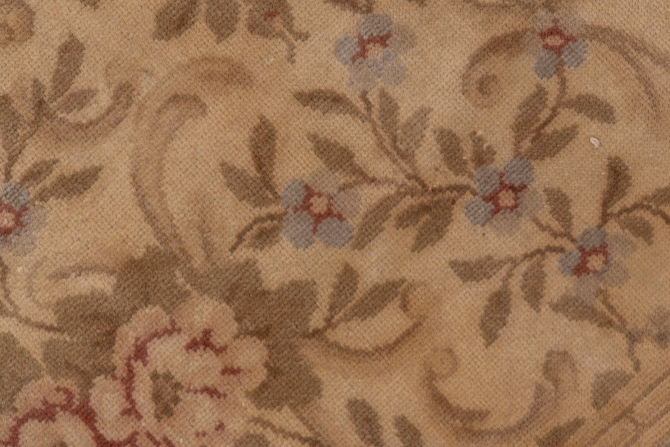 5' x 8' one-of-a-kind handmade antique Savonnerie medium size rug. Color palette: beige, ivory, taupe, rose, sage, camel