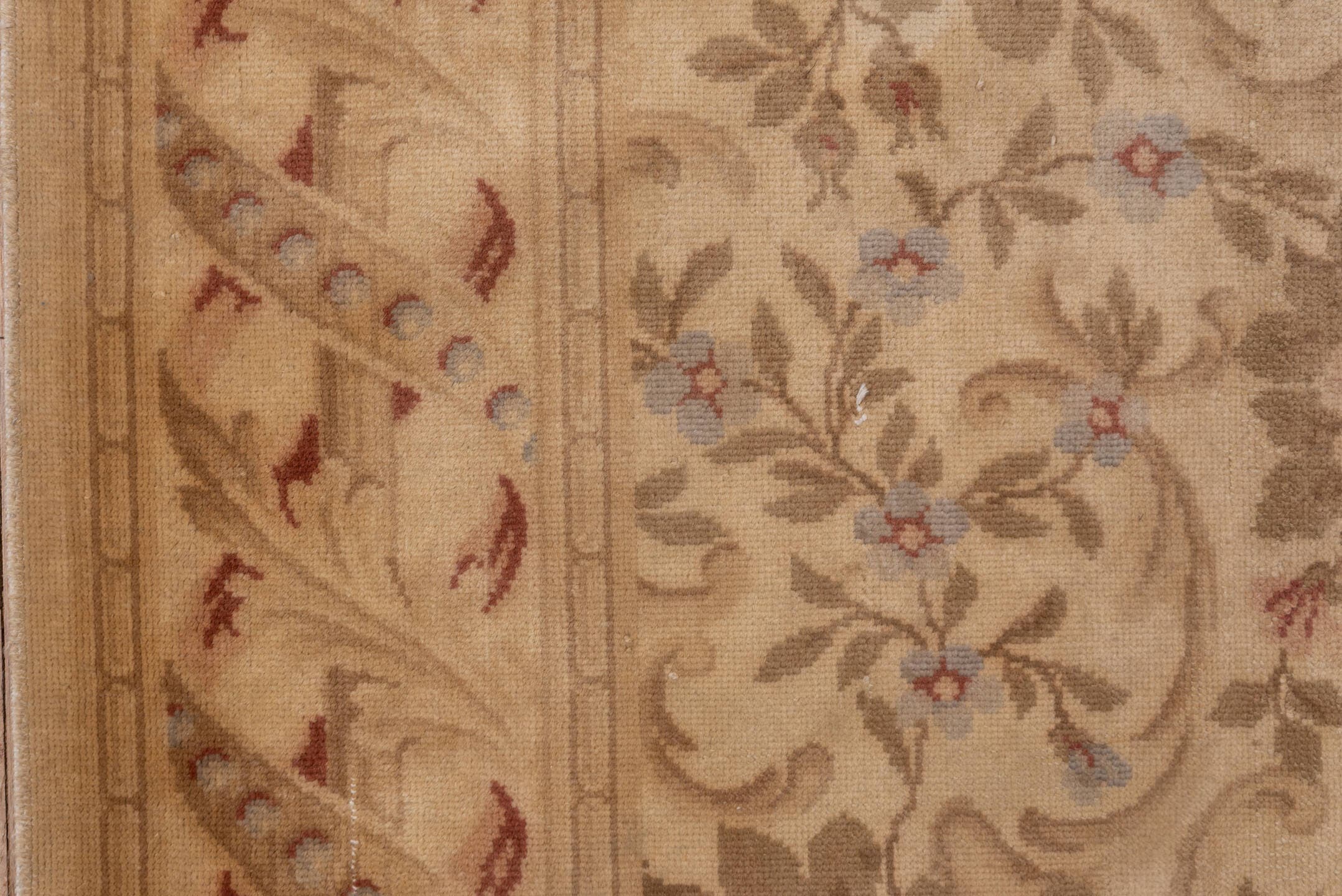 5' x 8' one-of-a-kind handmade antique Savonnerie medium size rug. Color palette: beige, ivory, taupe, rose, sage, camel