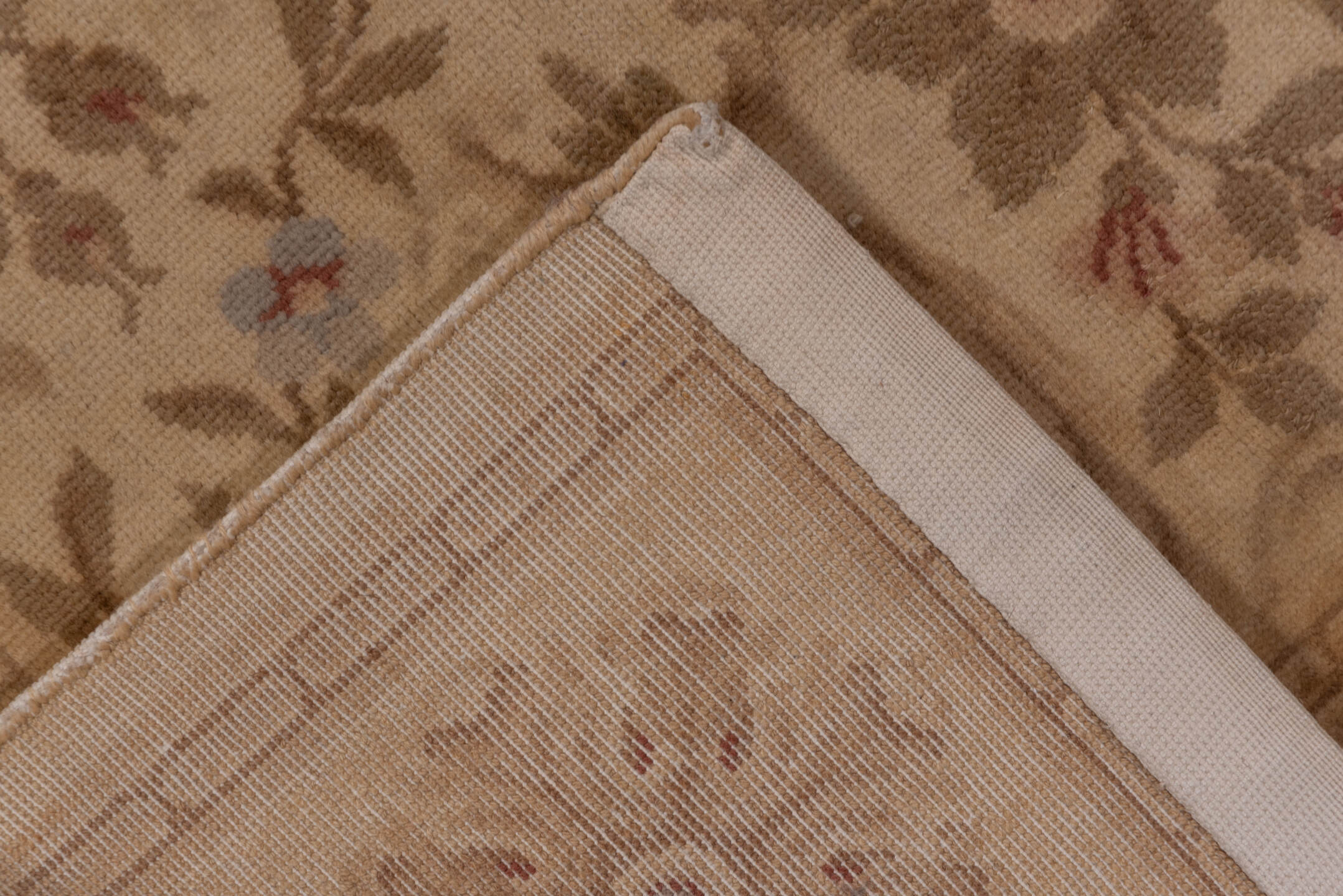 5' x 8' one-of-a-kind handmade antique Savonnerie medium size rug. Color palette: beige, ivory, taupe, rose, sage, camel