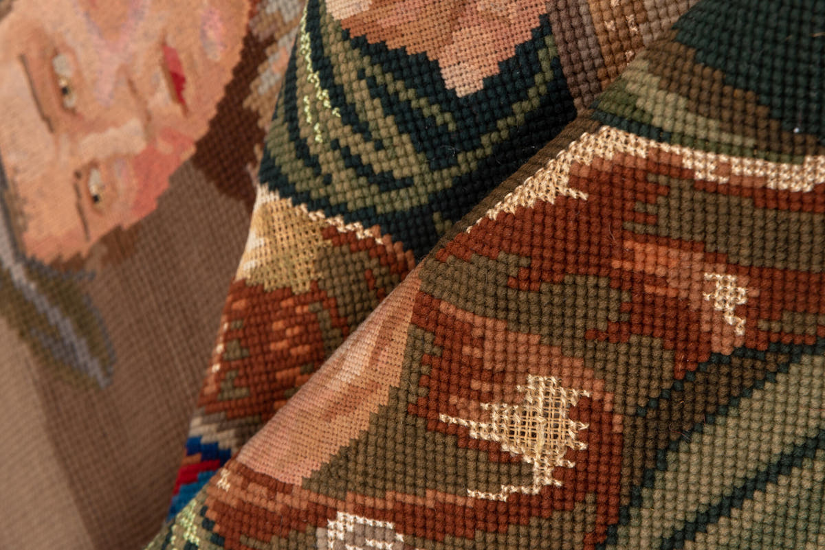 3' x 4' one-of-a-kind handmade vintage Needlepoint small size rug. Color palette: taupe, brown, crimson, navy, olive, ivory