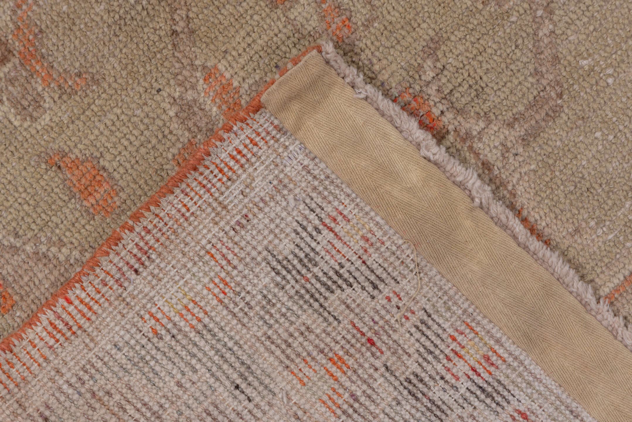 4' x 7' one-of-a-kind handmade antique Khotan rug. Color palette: taupe, coral, ivory, pewter, rose, camel, beige, gray