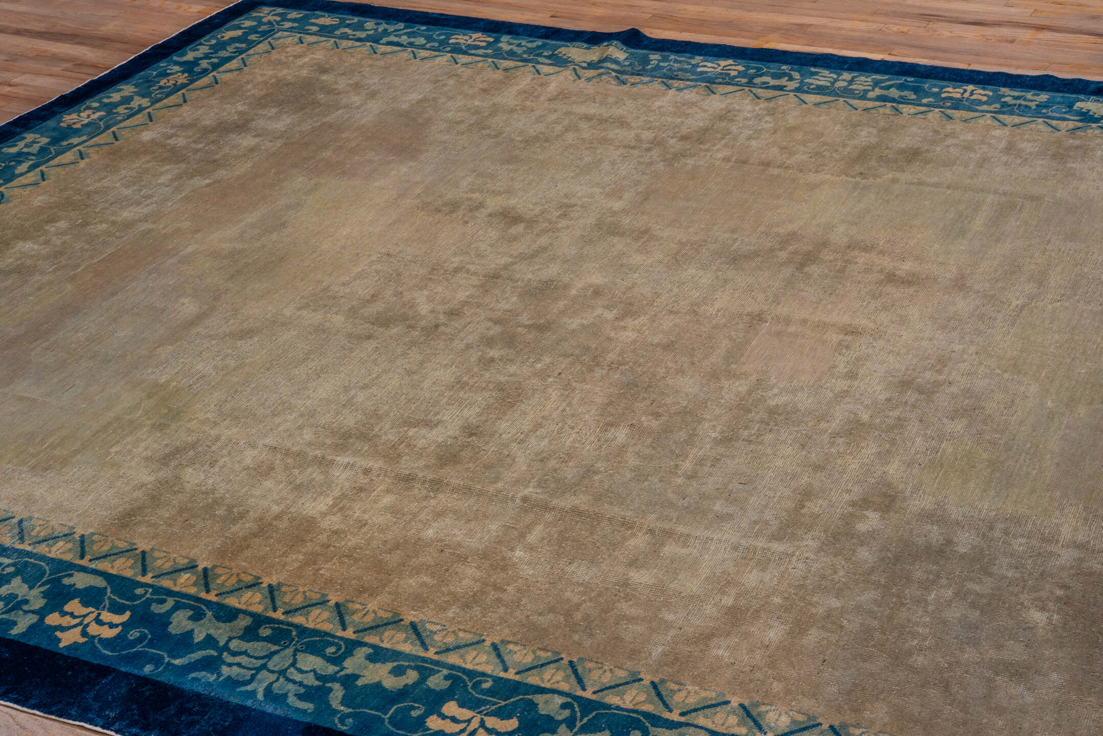 9' x 11' one-of-a-kind handmade antique Chinese large size rug. Color palette: camel, blue, ivory, beige, teal, taupe, gray