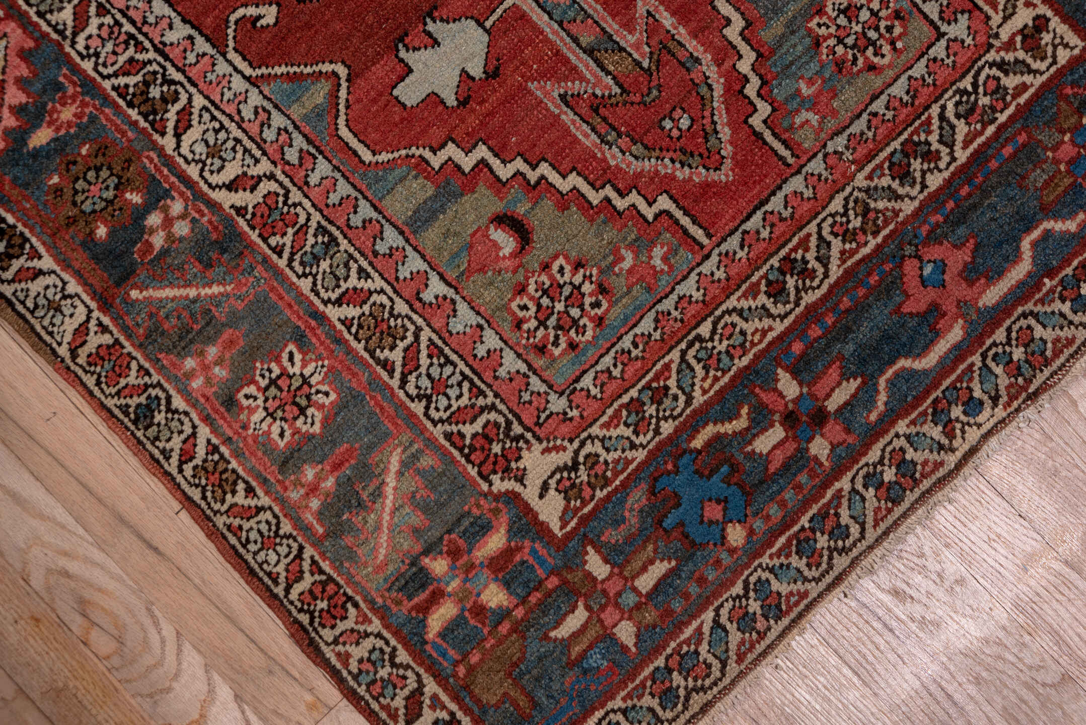 3' x 15' one-of-a-kind handmade vintage Serapi runner rug. Color palette: brown, dim gray, gray, off-white, pink, red, snow