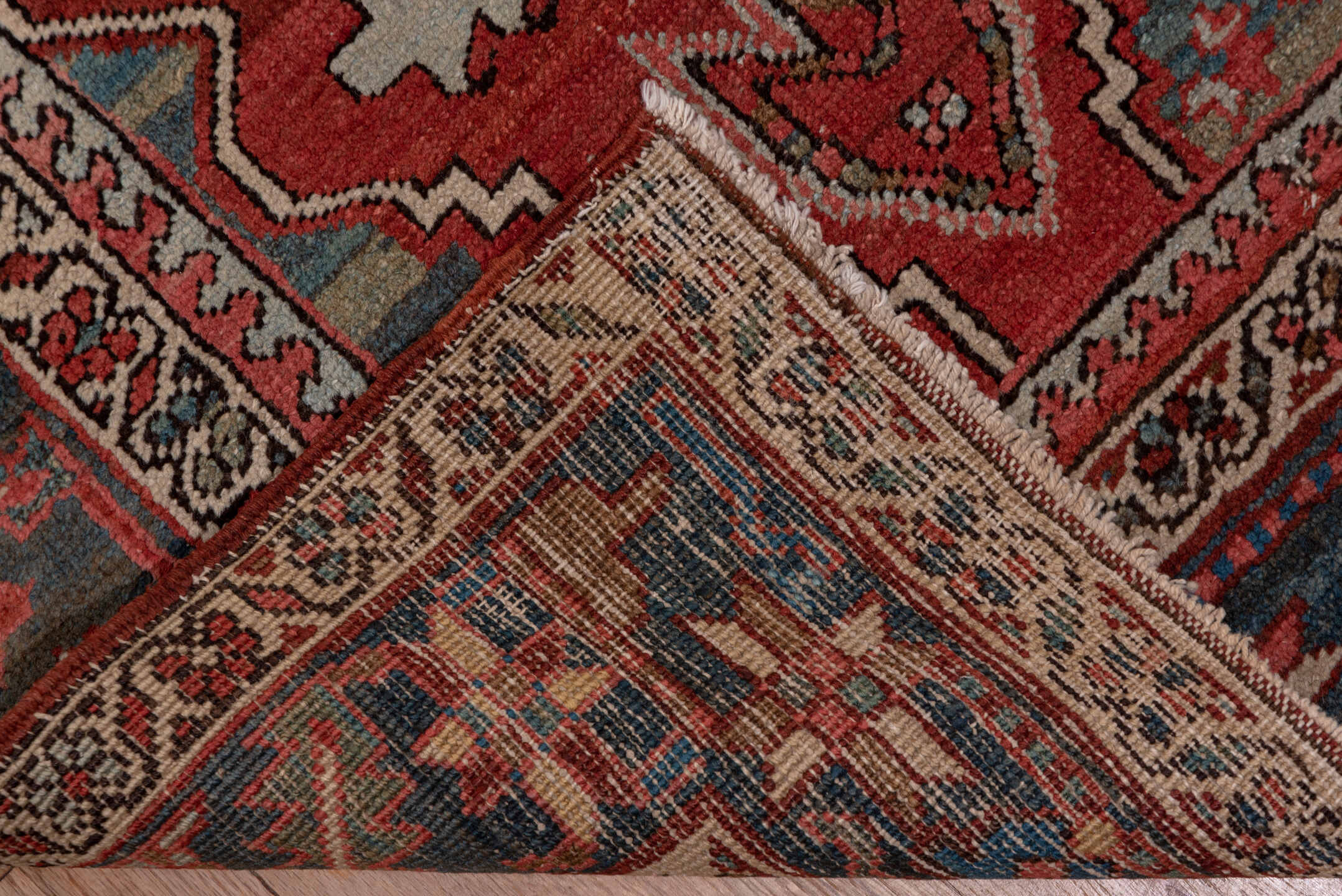 3' x 15' one-of-a-kind handmade vintage Serapi runner rug. Color palette: brown, dim gray, gray, off-white, pink, red, snow