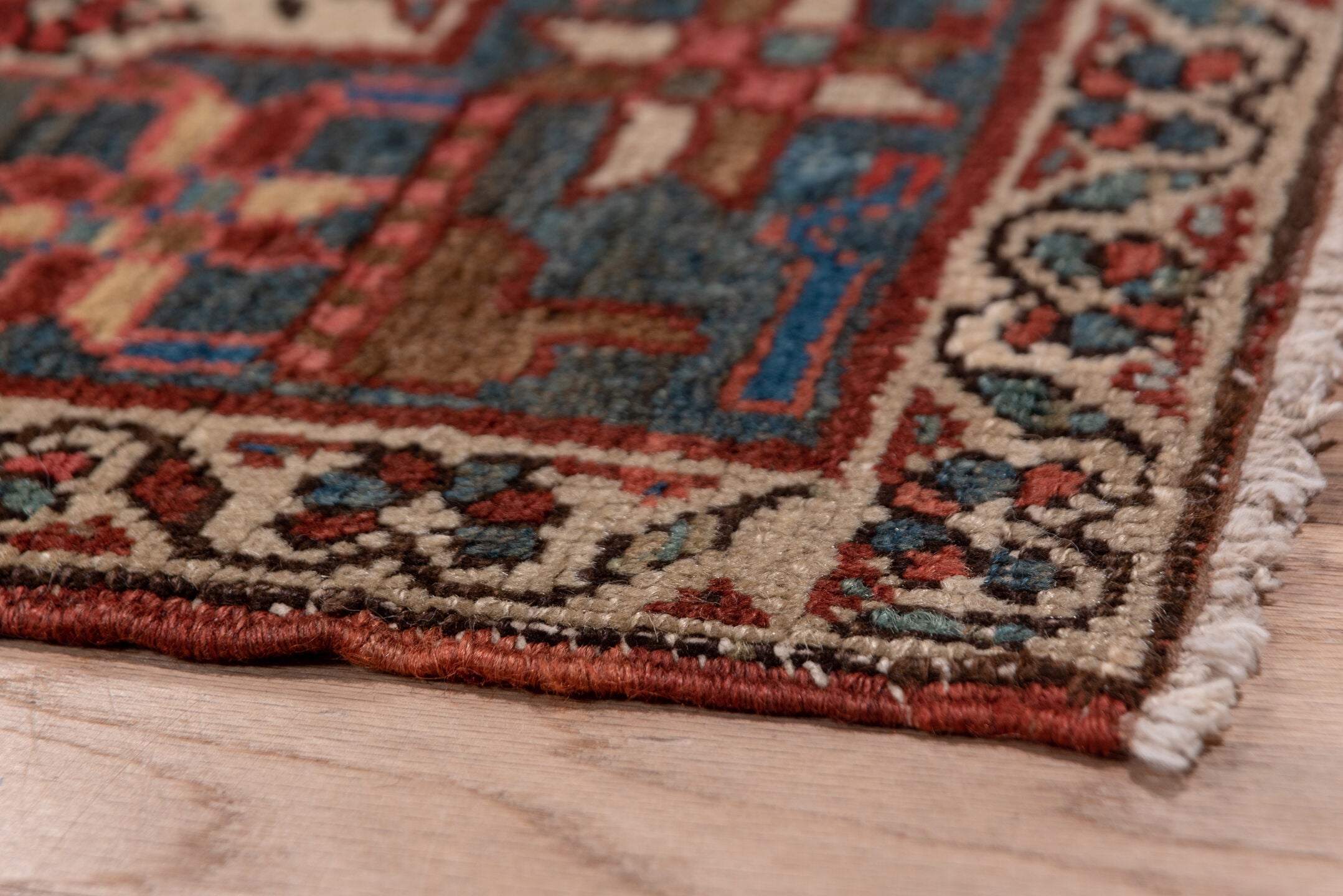 3' x 15' one-of-a-kind handmade vintage Serapi runner rug. Color palette: brown, dim gray, gray, off-white, pink, red, snow