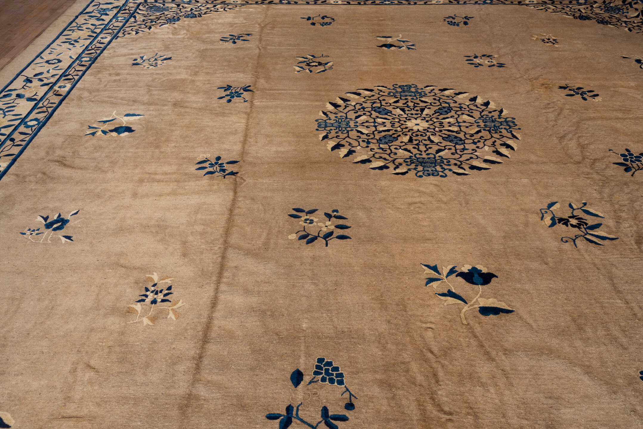 16' x 16' one-of-a-kind handmade vintage Chinese oversize rug. Color palette: ivory, navy, cream, beige, gold, slate, blue
