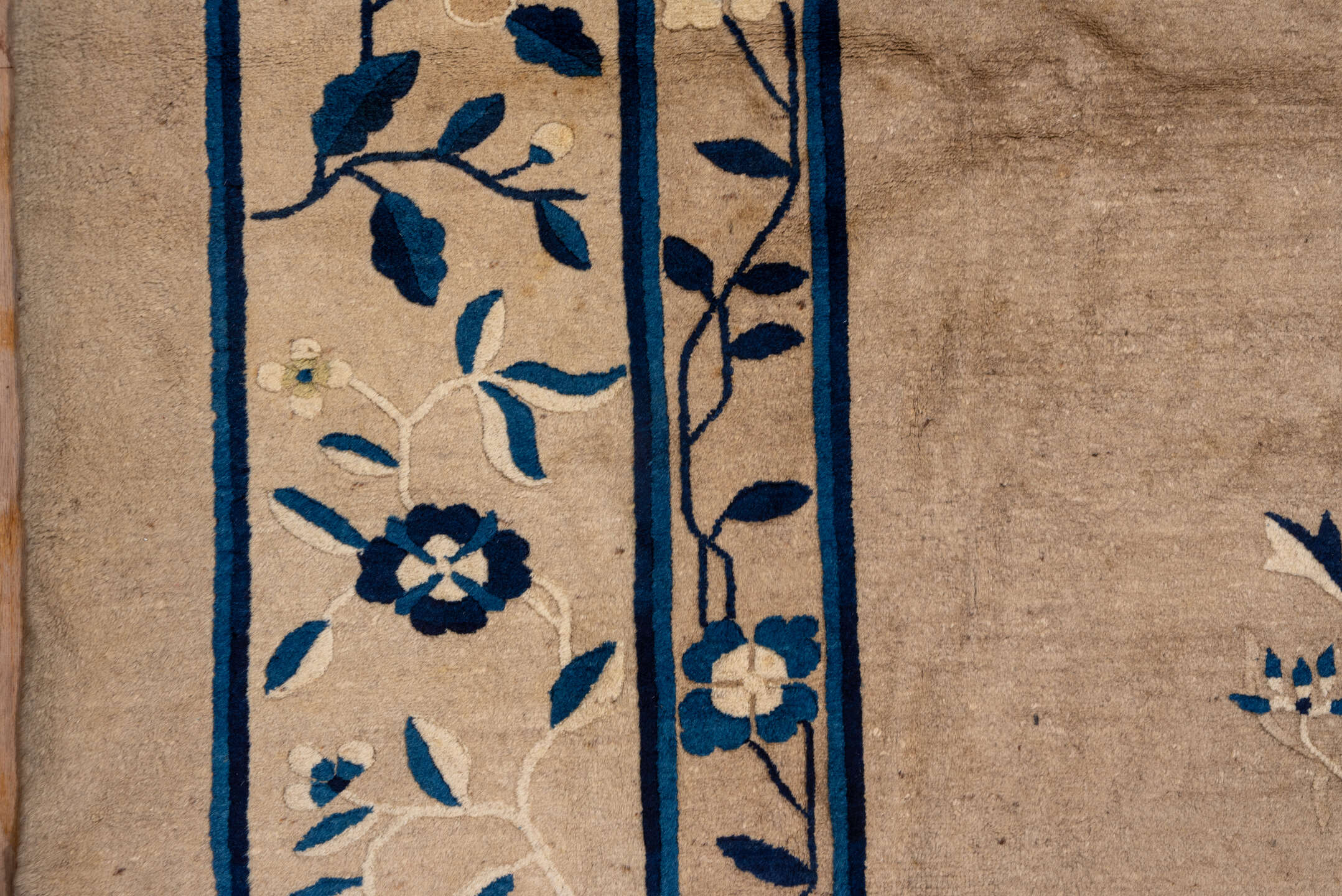 16' x 16' one-of-a-kind handmade vintage Chinese oversize rug. Color palette: ivory, navy, cream, beige, gold, slate, blue