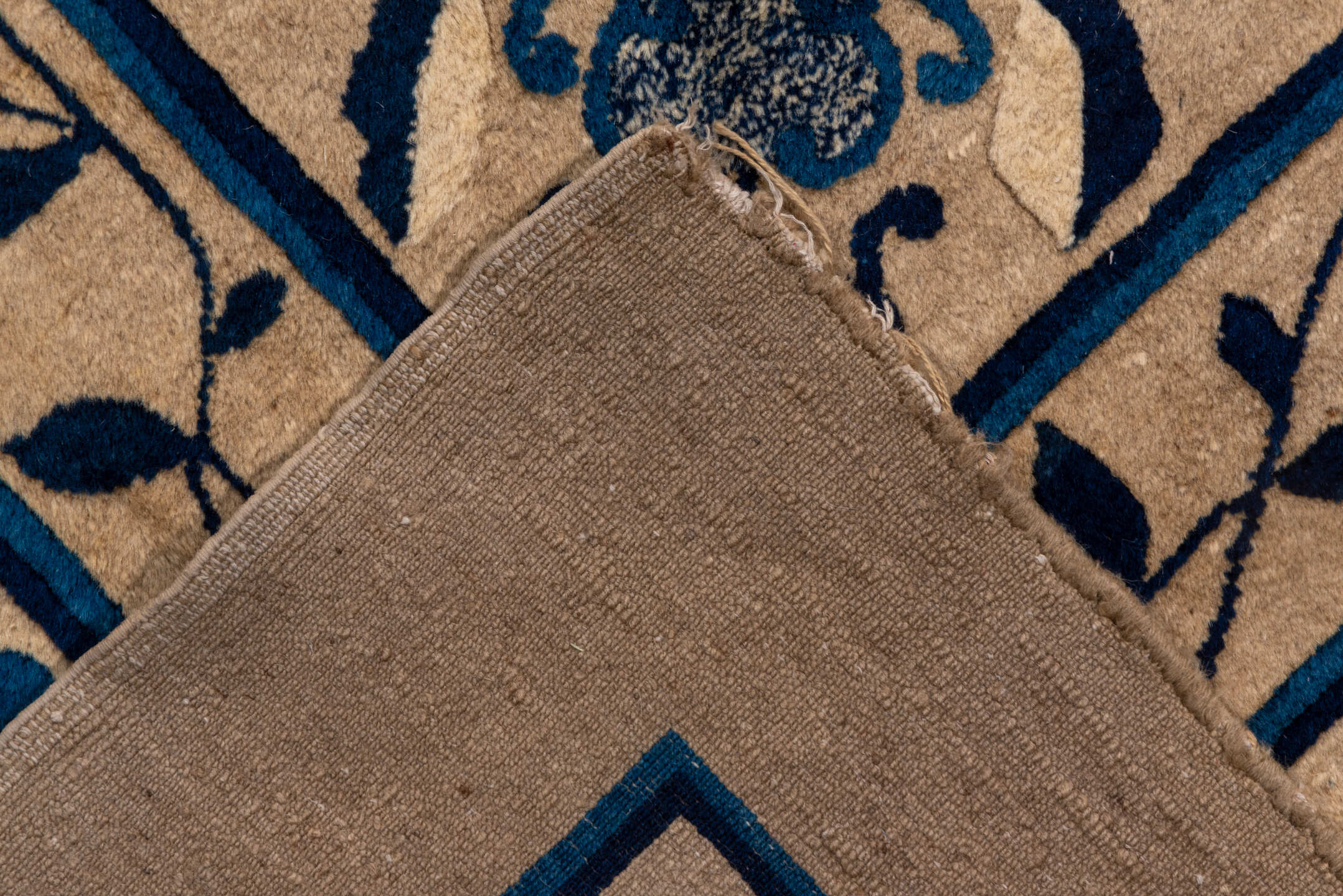 16' x 16' one-of-a-kind handmade vintage Chinese oversize rug. Color palette: ivory, navy, cream, beige, gold, slate, blue