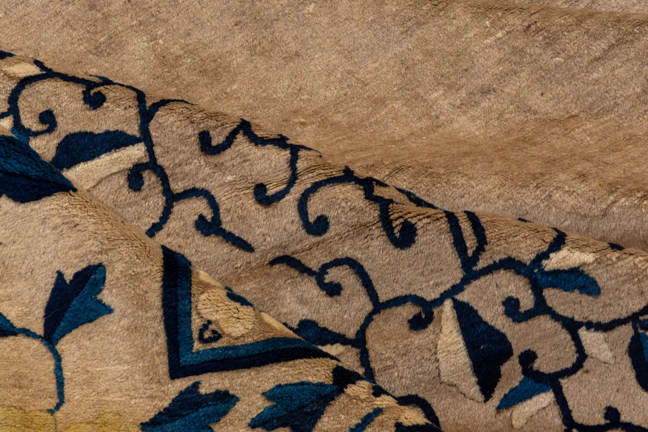 16' x 16' one-of-a-kind handmade vintage Chinese oversize rug. Color palette: ivory, navy, cream, beige, gold, slate, blue
