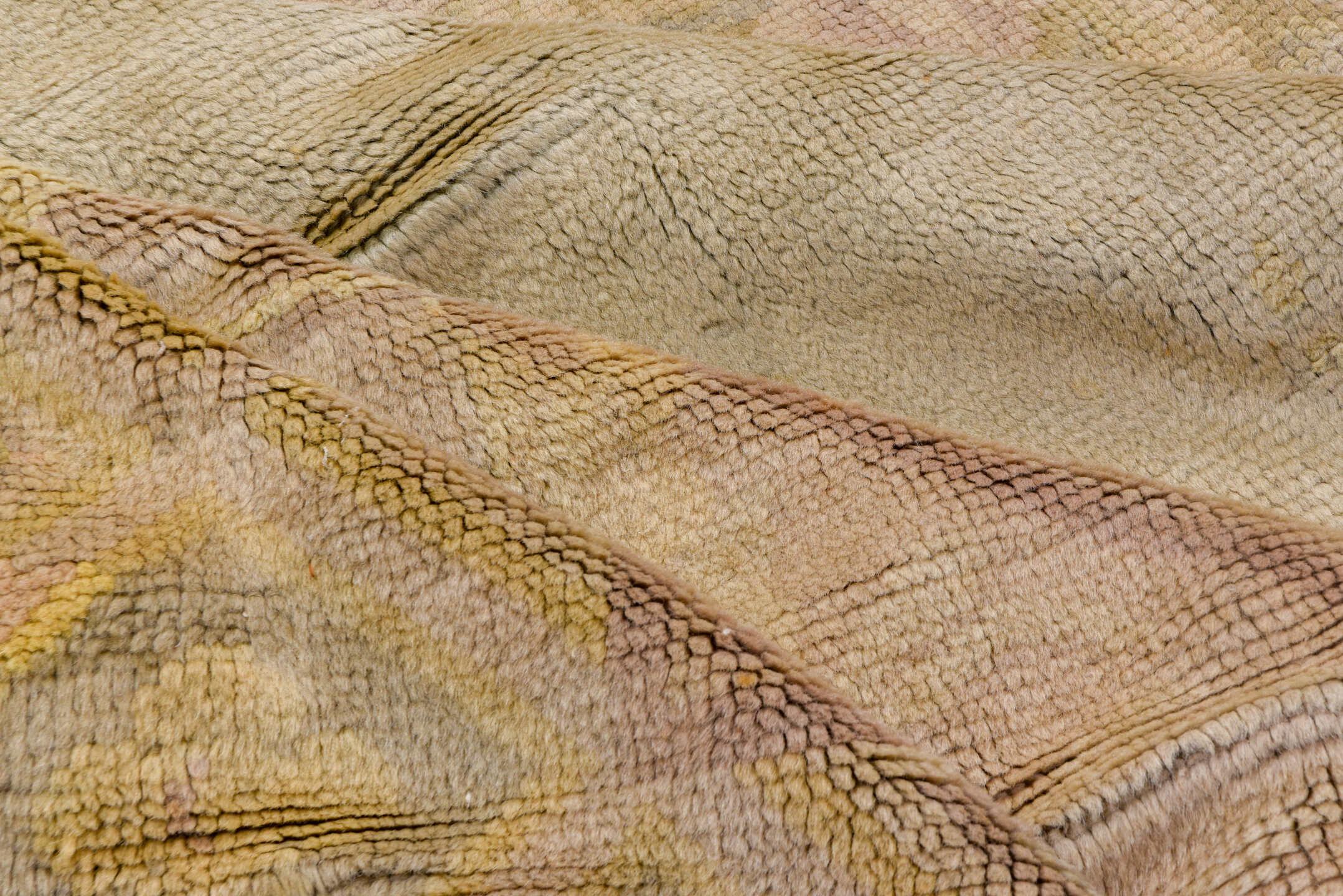 14' x 16' one-of-a-kind handmade vintage Savonnerie oversize rug. Color palette: ivory, blush, taupe, gold, sage, rose