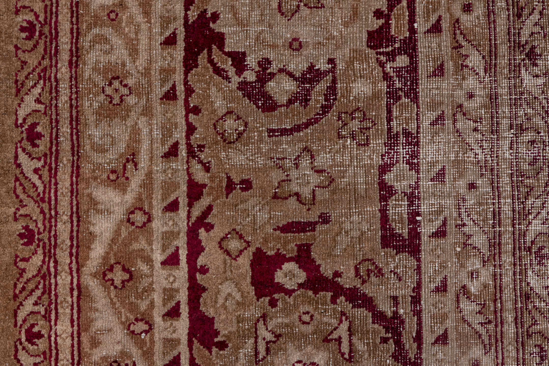 5' x 12' one-of-a-kind handmade antique Agra rug. Color palette: taupe, beige, burgundy, rose, brown, gray, pink, red