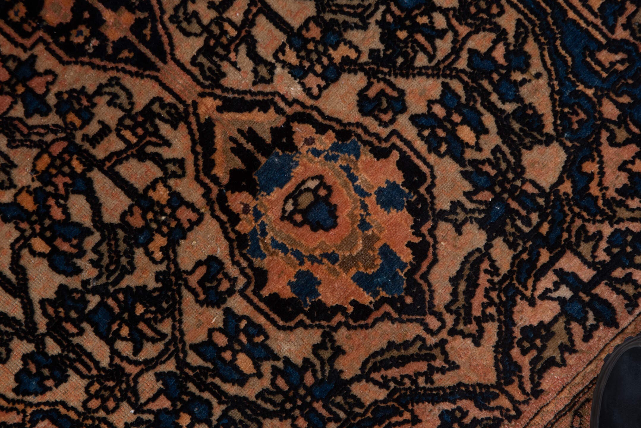 5' x 6' one-of-a-kind handmade vintage Malayer rug. Color palette: terra cotta, navy, ivory, rust, camel, slate, charcoal