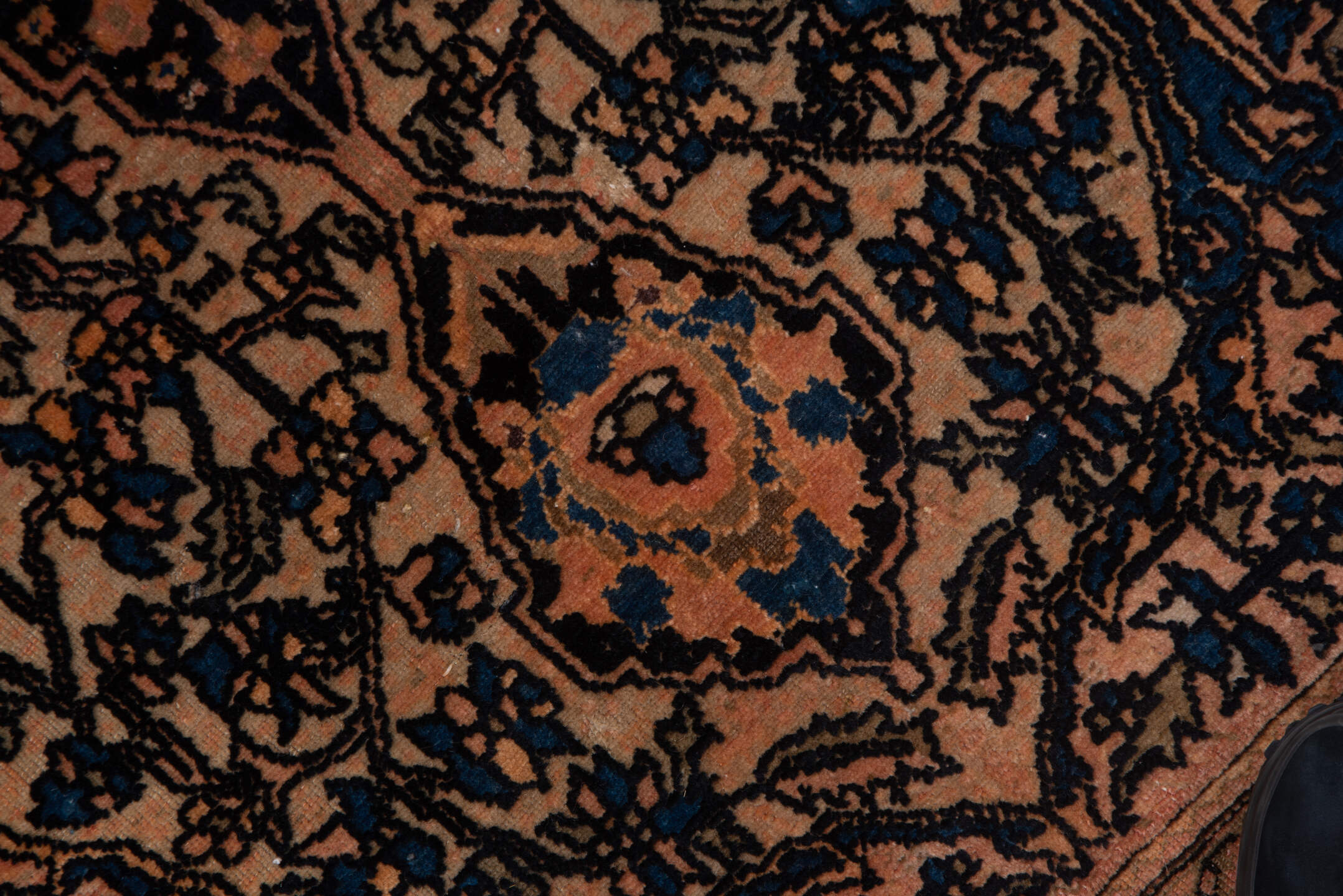 5' x 6' one-of-a-kind handmade vintage Malayer rug. Color palette: terra cotta, navy, ivory, rust, camel, slate, charcoal