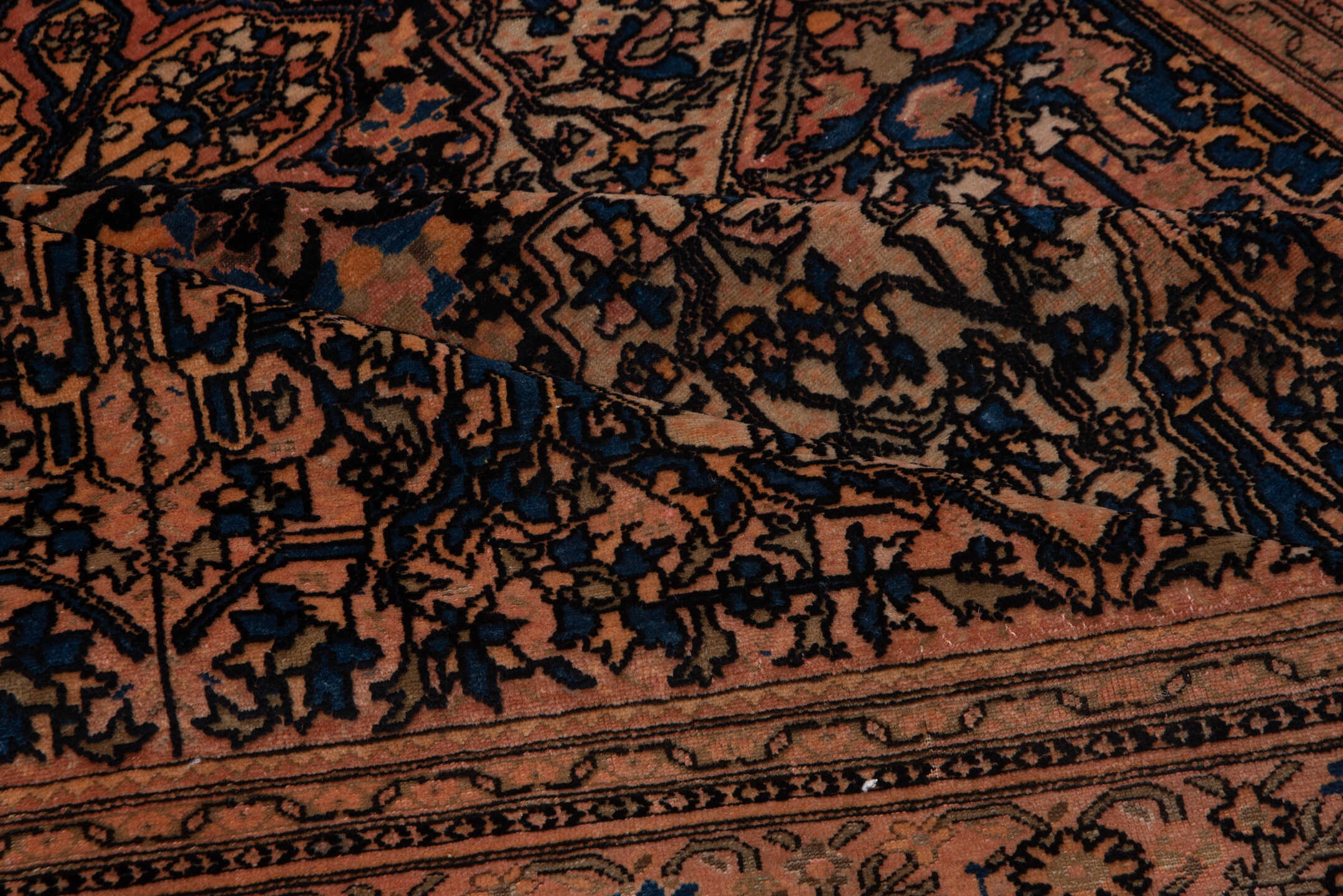 5' x 6' one-of-a-kind handmade vintage Malayer rug. Color palette: terra cotta, navy, ivory, rust, camel, slate, charcoal