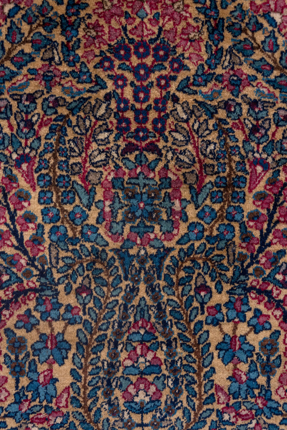 2' x 12' one-of-a-kind handmade antique Kerman runner rug. Color palette: navy, rose, ivory, soft blue, burgundy, taupe