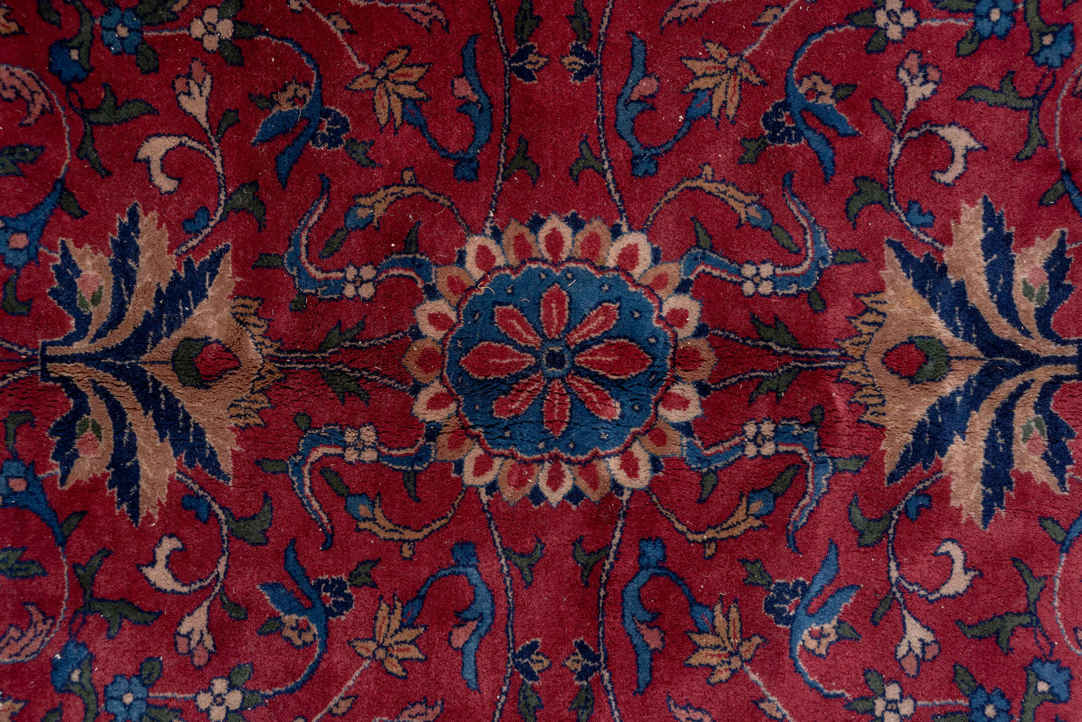10' x 14' one-of-a-kind handmade antique Lahor large size rug. Color palette: red, navy, ivory, blue, rust, camel, rose