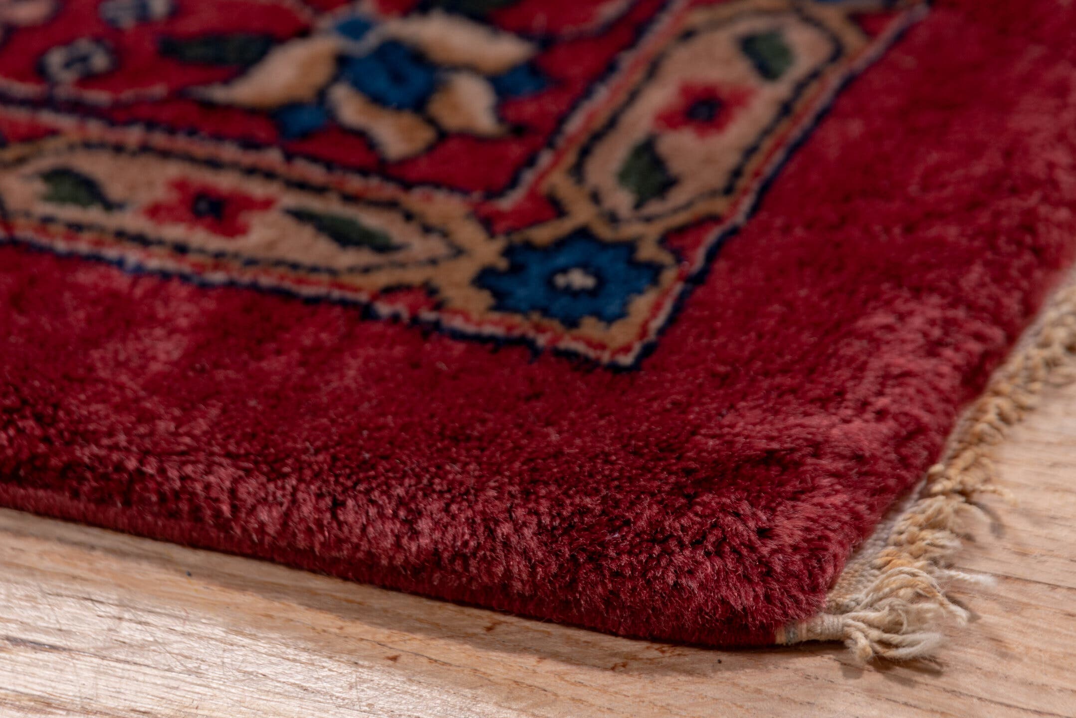 10' x 14' one-of-a-kind handmade antique Lahor large size rug. Color palette: red, navy, ivory, blue, rust, camel, rose