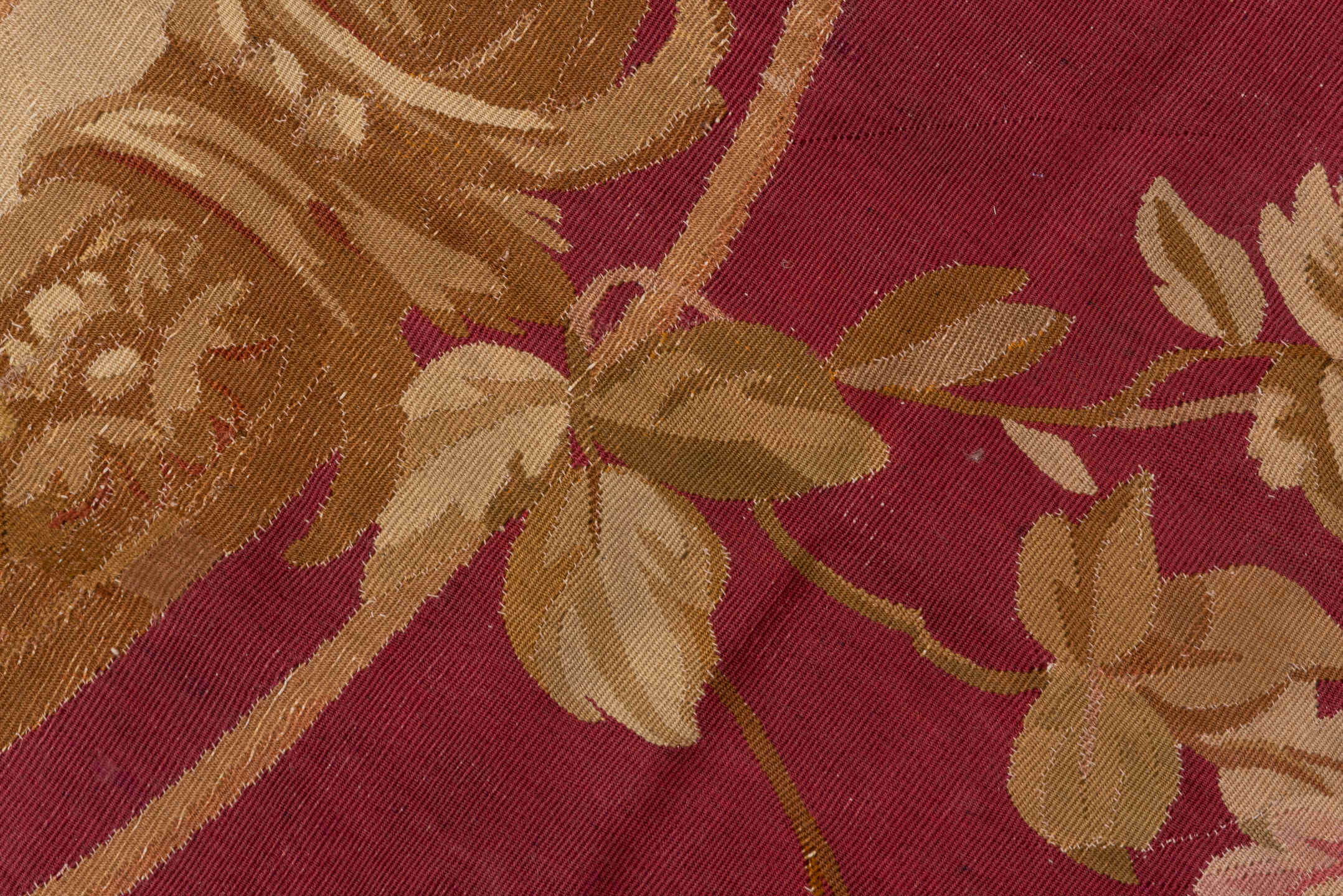 14' x 18' one-of-a-kind handmade vintage Aubusson oversize rug. Color palette: brown, pink, red, sienna, tan