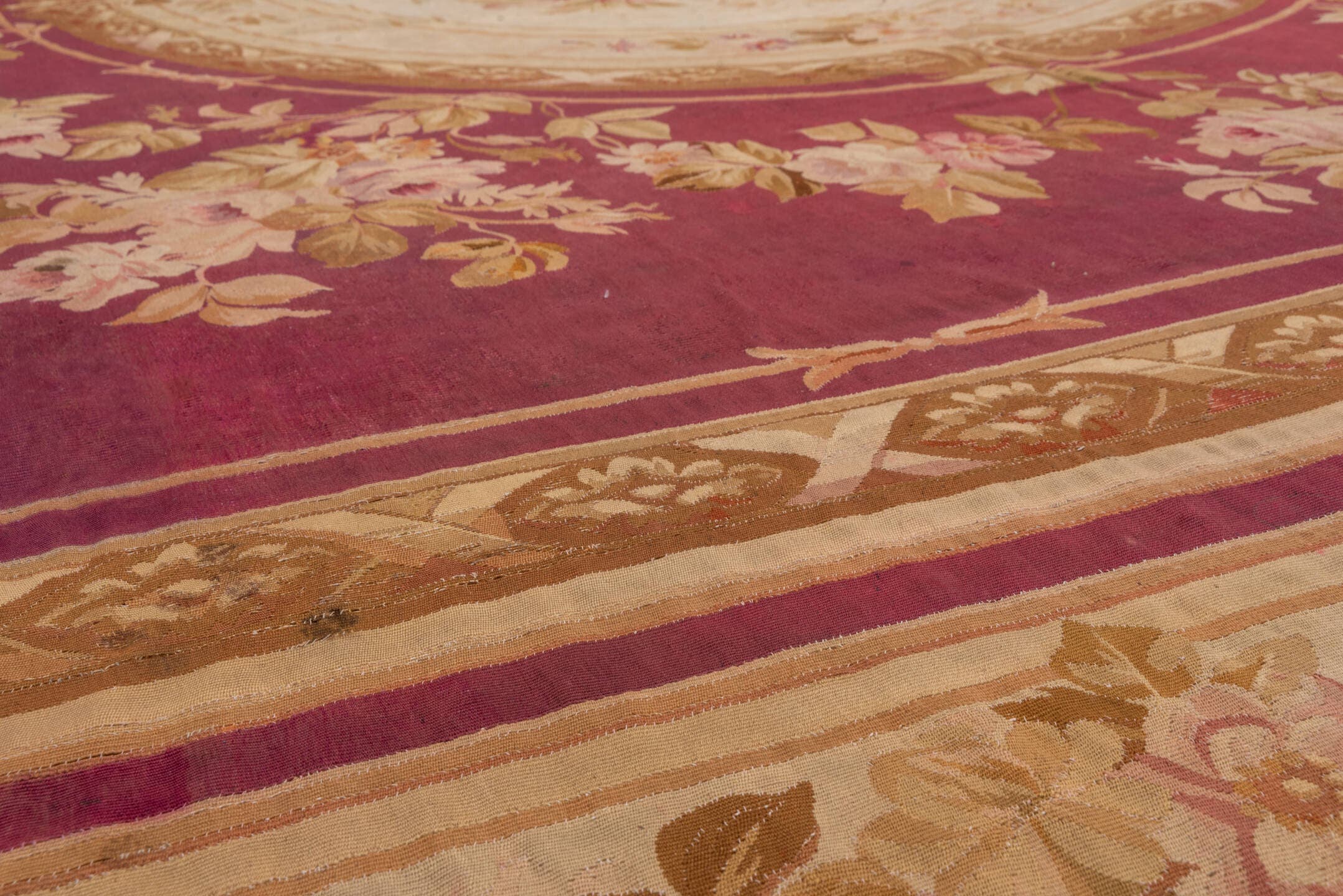 14' x 18' one-of-a-kind handmade vintage Aubusson oversize rug. Color palette: rose, ivory, taupe, sage, gold, blush