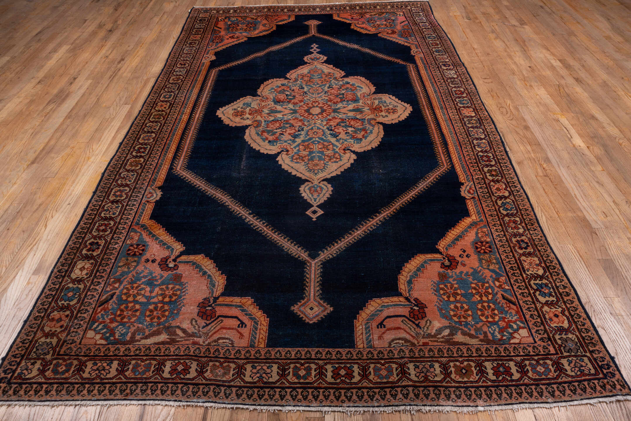 6' x 11' one-of-a-kind handmade vintage Malayer large size rug. Color palette: navy, rose, ivory, light_blue, rust, taupe