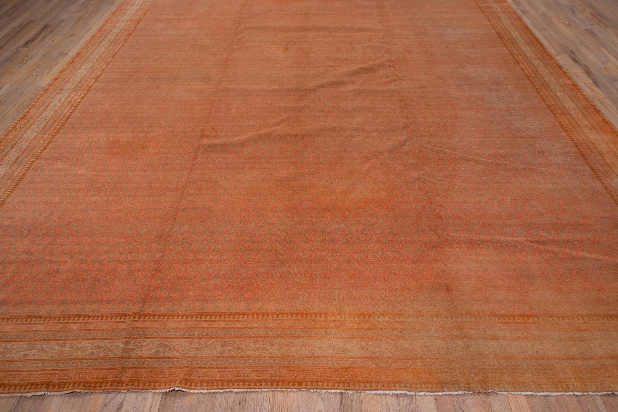 11' x 17' one-of-a-kind handmade vintage Saraband oversize rug. Color palette: terra cotta, salmon, rust, apricot, camel
