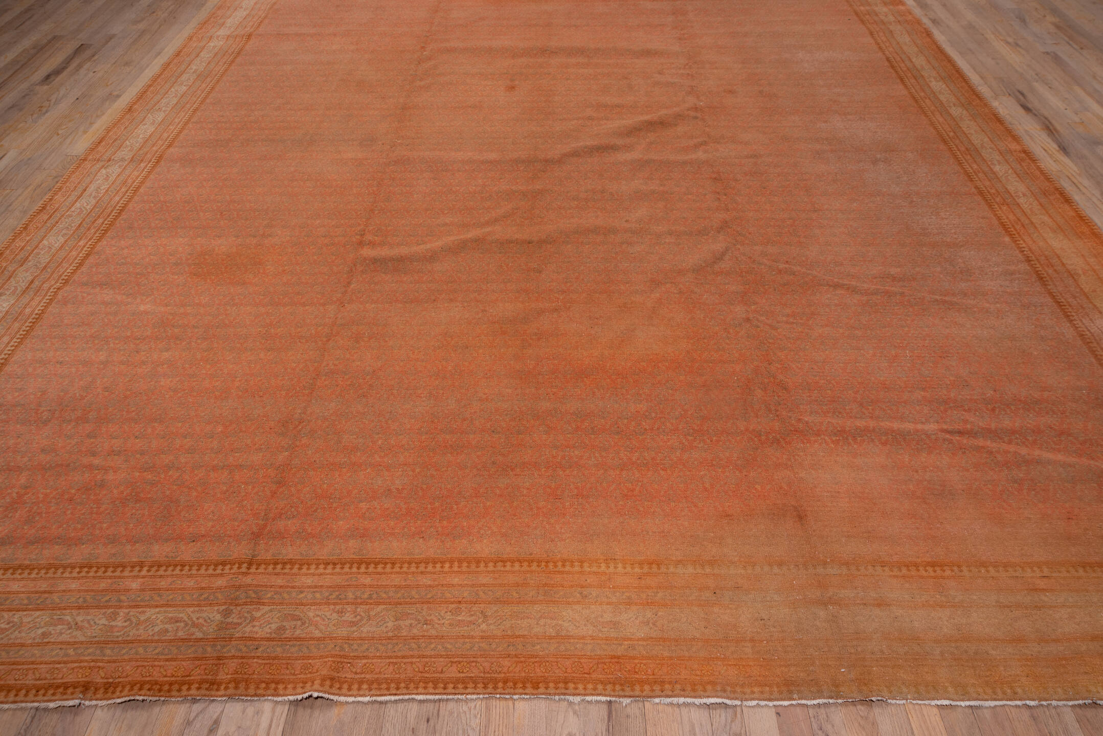 11' x 17' one-of-a-kind handmade vintage Saraband oversize rug. Color palette: brown, off-white, orange, pink, sienna