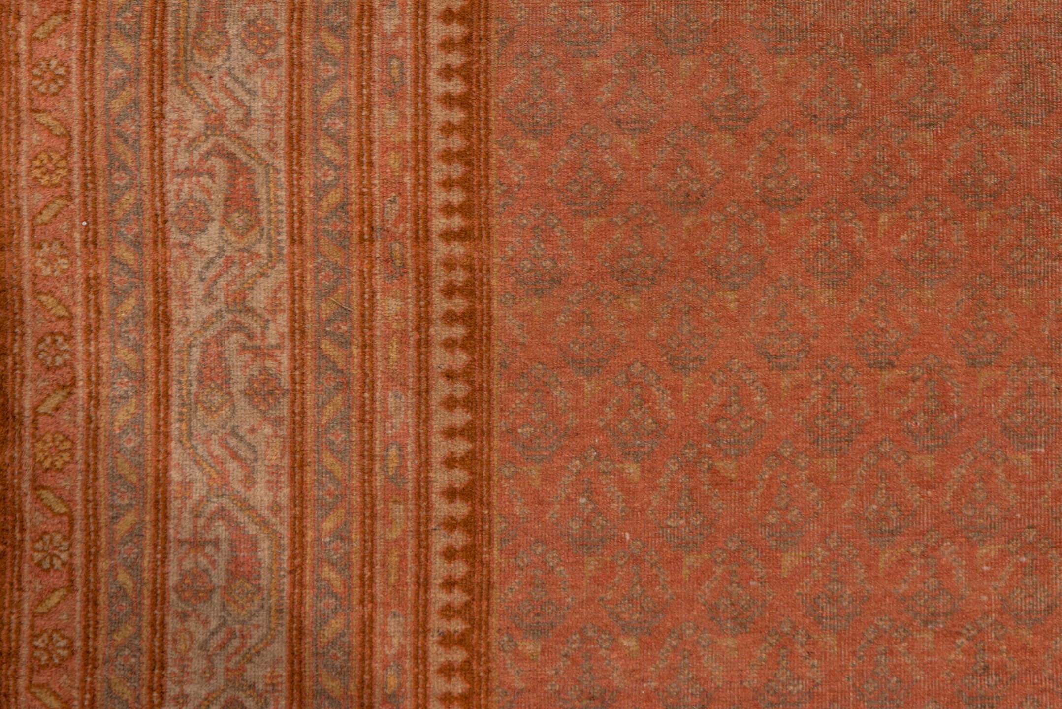11' x 17' one-of-a-kind handmade vintage Saraband oversize rug. Color palette: terra cotta, salmon, rust, apricot, camel