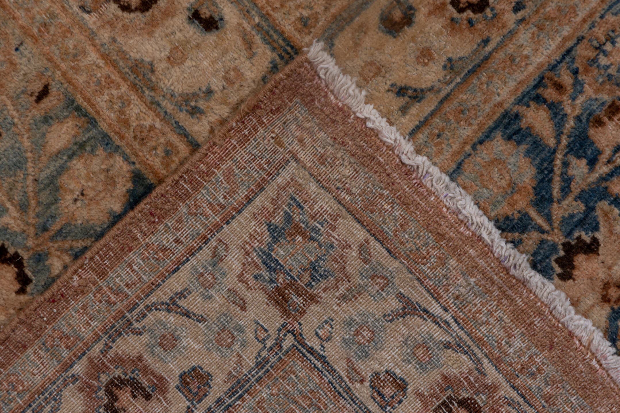 13' x 17' one-of-a-kind handmade antique Meshed oversize rug. Color palette: rose, beige, powder_blue, ivory, taupe, camel