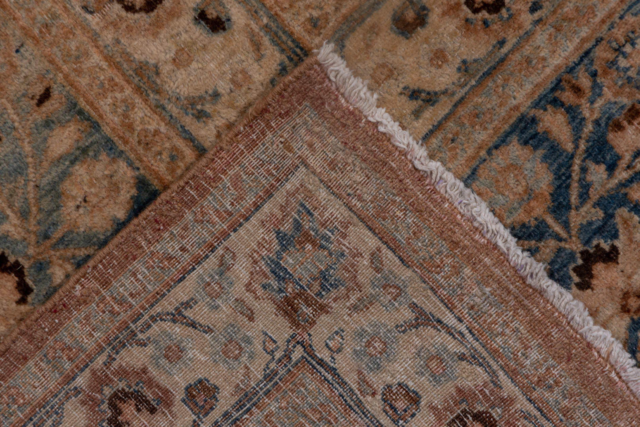 13' x 17' one-of-a-kind handmade antique Meshed oversize rug. Color palette: rose, beige, powder_blue, ivory, taupe, camel
