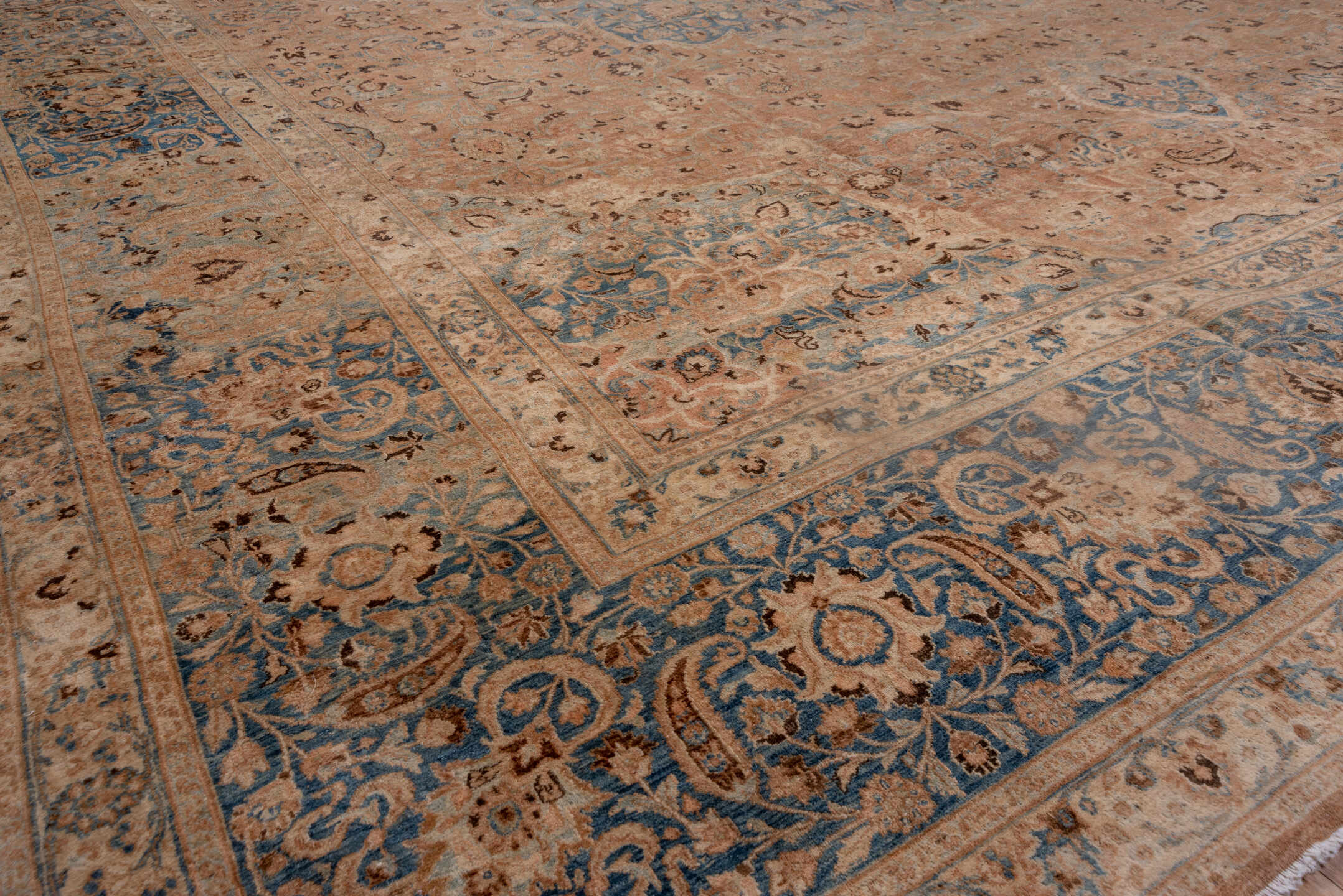 13' x 17' one-of-a-kind handmade antique Meshed oversize rug. Color palette: rose, beige, powder_blue, ivory, taupe, camel