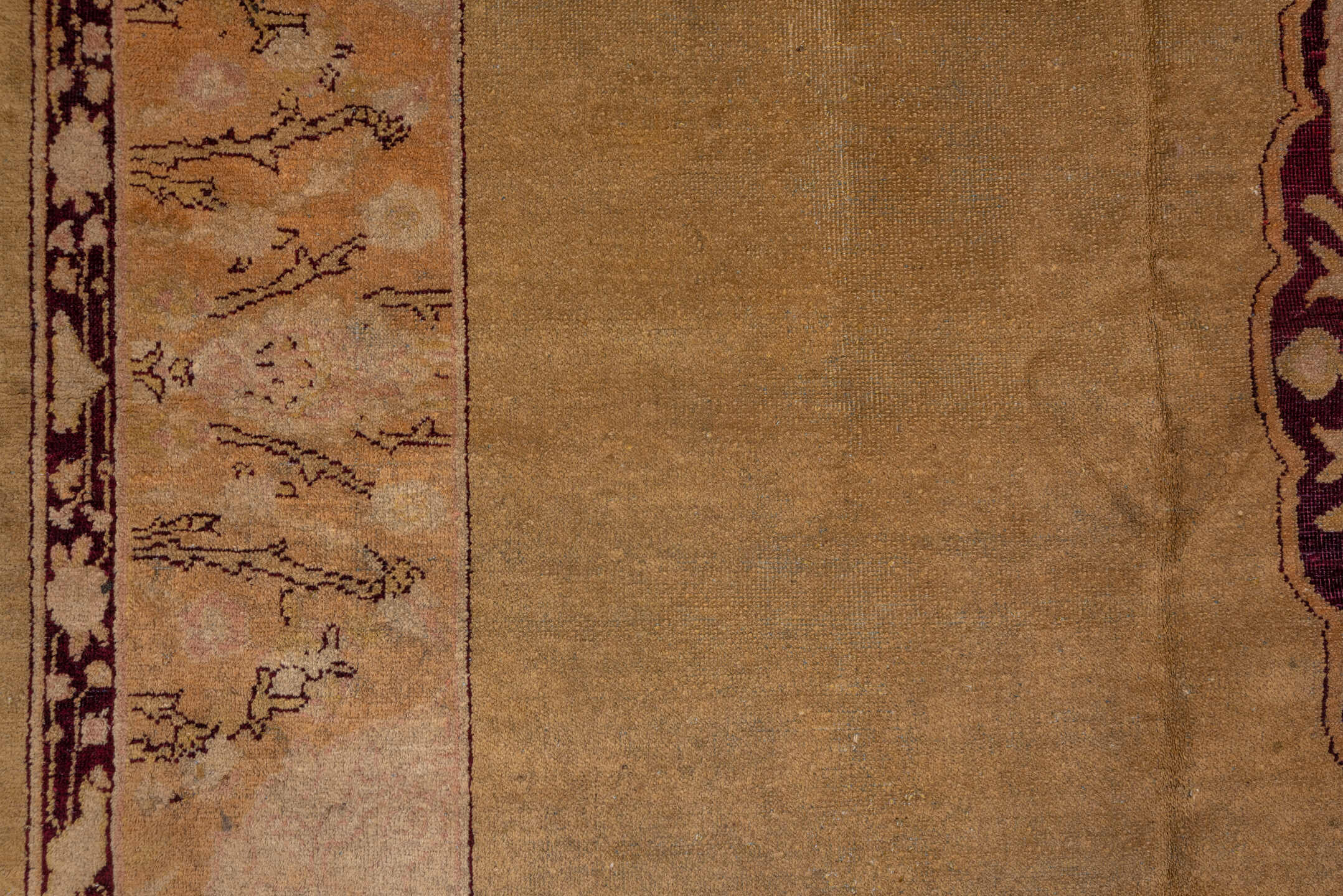 9' x 11' one-of-a-kind handmade vintage Agra large size rug. Color palette: camel, ivory, blush, burgundy, taupe, peach