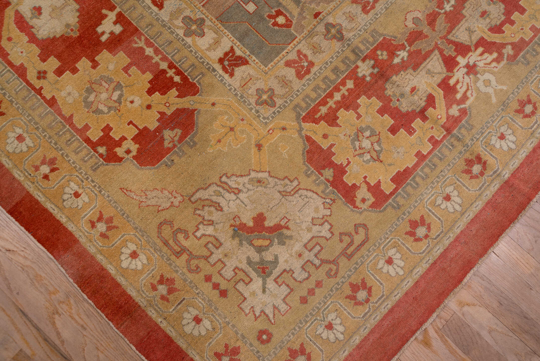 11' x 14' one-of-a-kind handmade antique Amritzar oversize rug. Color palette: terra cotta, camel, ivory, gold, slate, rust