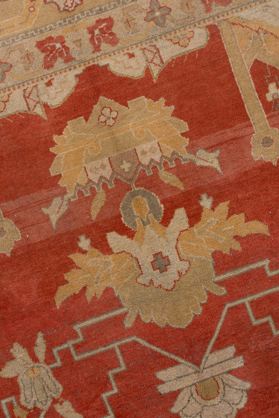 11' x 14' one-of-a-kind handmade antique Amritzar oversize rug. Color palette: terra cotta, camel, ivory, gold, slate, rust