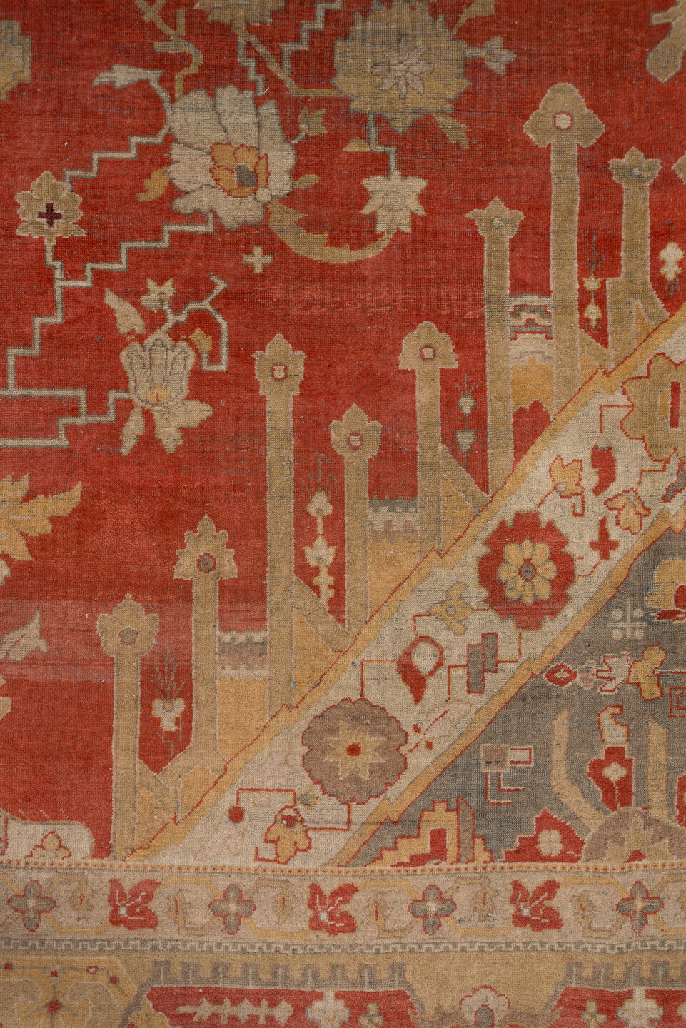 11' x 14' one-of-a-kind handmade antique Amritzar oversize rug. Color palette: terra cotta, camel, ivory, gold, slate, rust