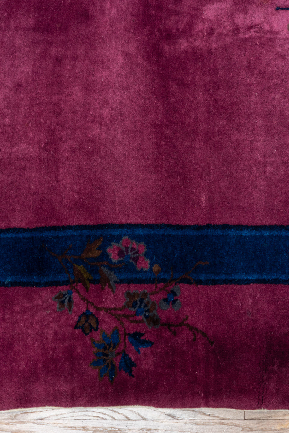 8' x 9' one-of-a-kind handmade antique Chinese rug. Color palette: rose, indigo, magenta, plum, lavender, gold, navy, pink