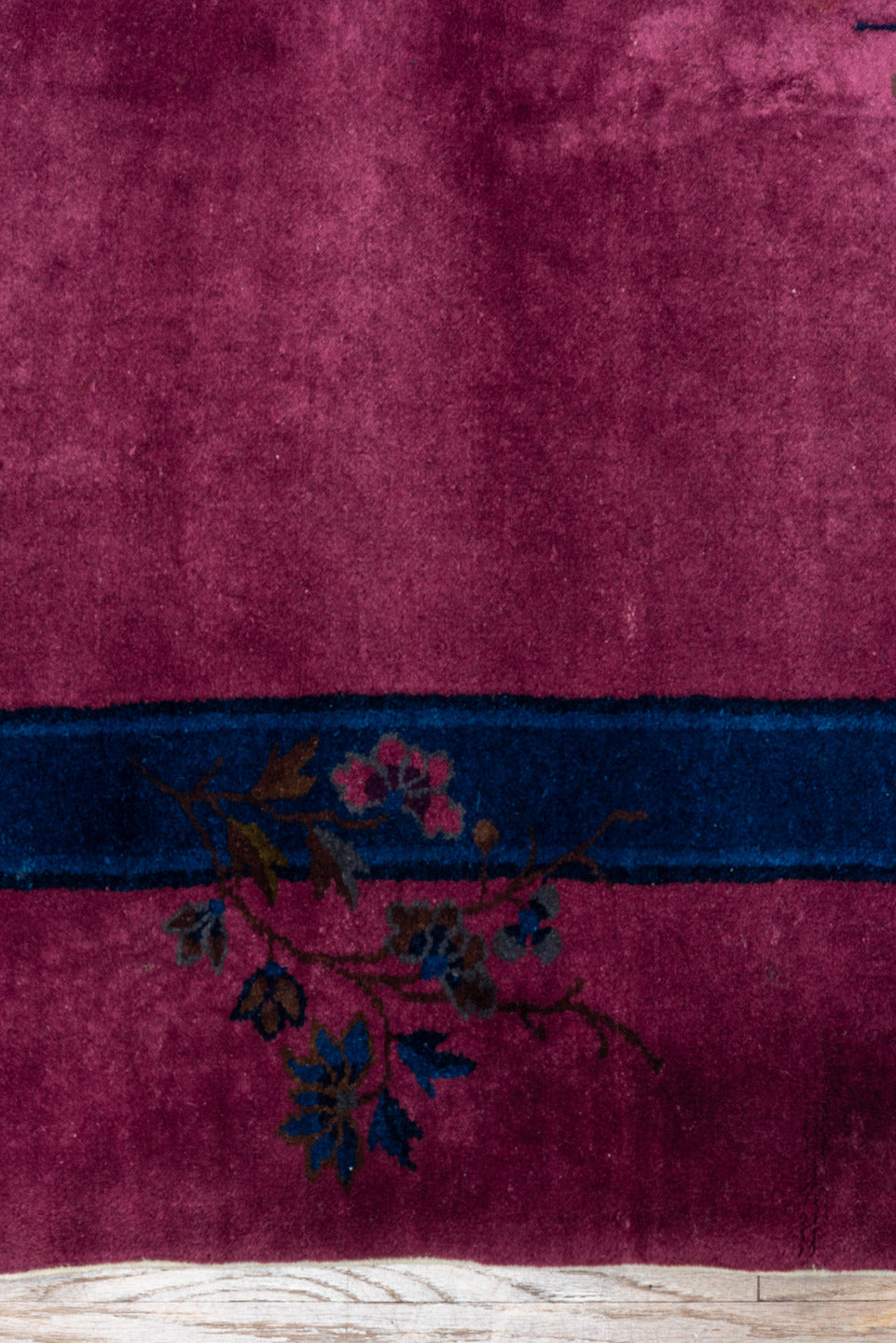 8' x 9' one-of-a-kind handmade antique Chinese rug. Color palette: rose, indigo, magenta, plum, lavender, gold, navy, pink