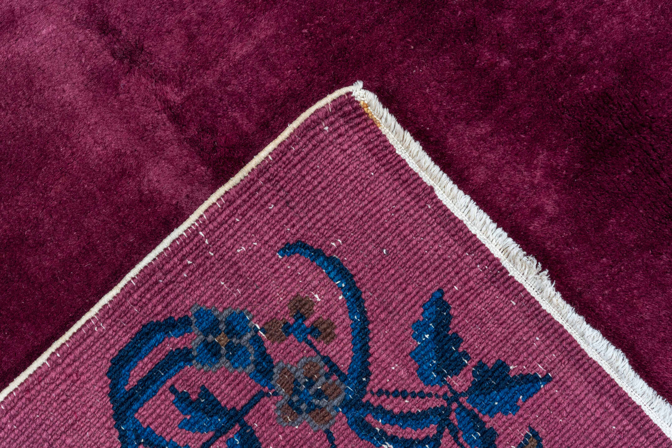 8' x 9' one-of-a-kind handmade antique Chinese rug. Color palette: rose, indigo, magenta, plum, lavender, gold, navy, pink