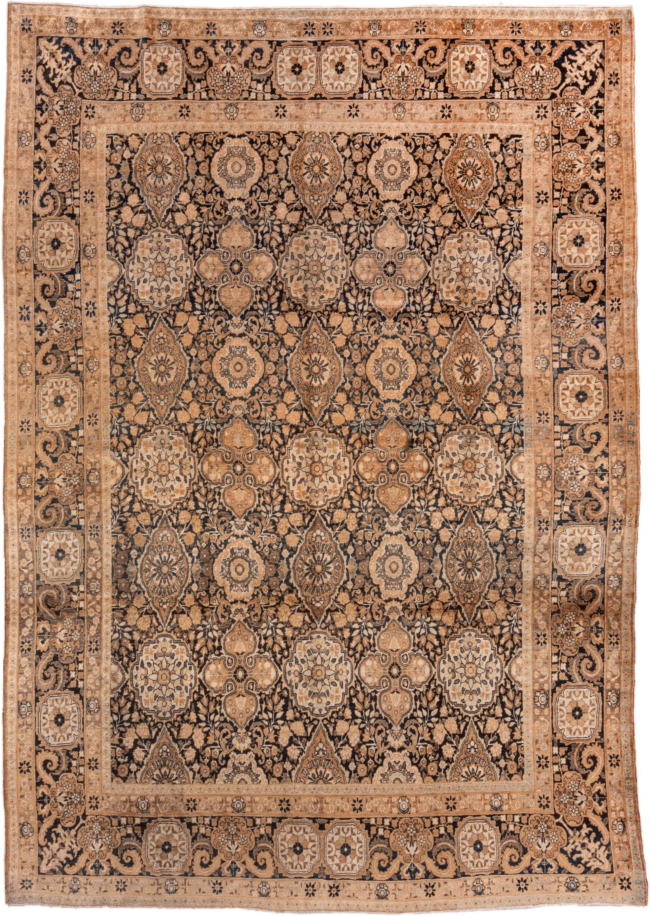 9' x 13' one-of-a-kind handmade antique Kerman large size rug. Color palette: navy, camel, ivory, taupe, rust, brown, blue