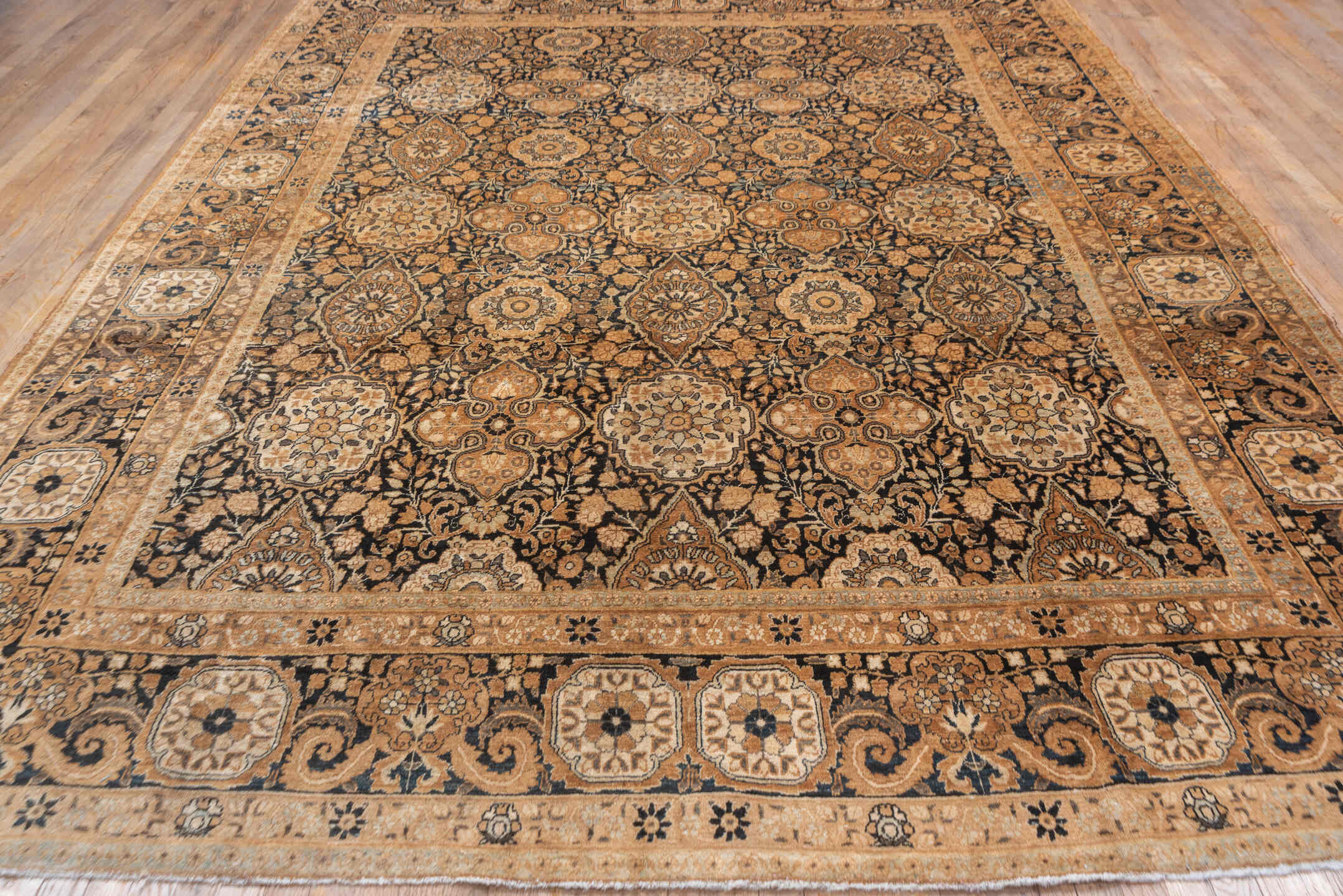 9' x 13' one-of-a-kind handmade antique Kerman large size rug. Color palette: navy, camel, ivory, taupe, rust, brown, blue