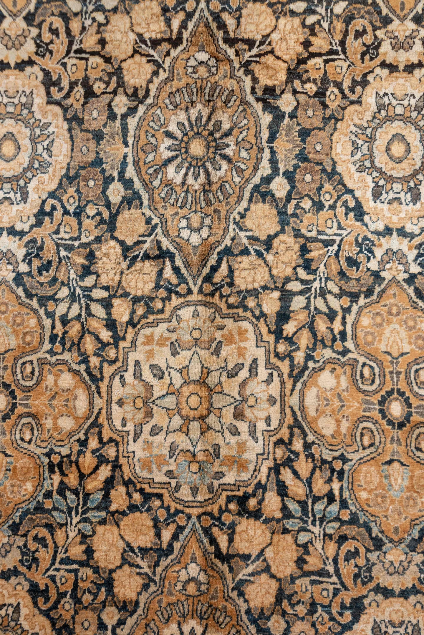 9' x 13' one-of-a-kind handmade antique Kerman large size rug. Color palette: navy, camel, ivory, taupe, rust, brown, blue