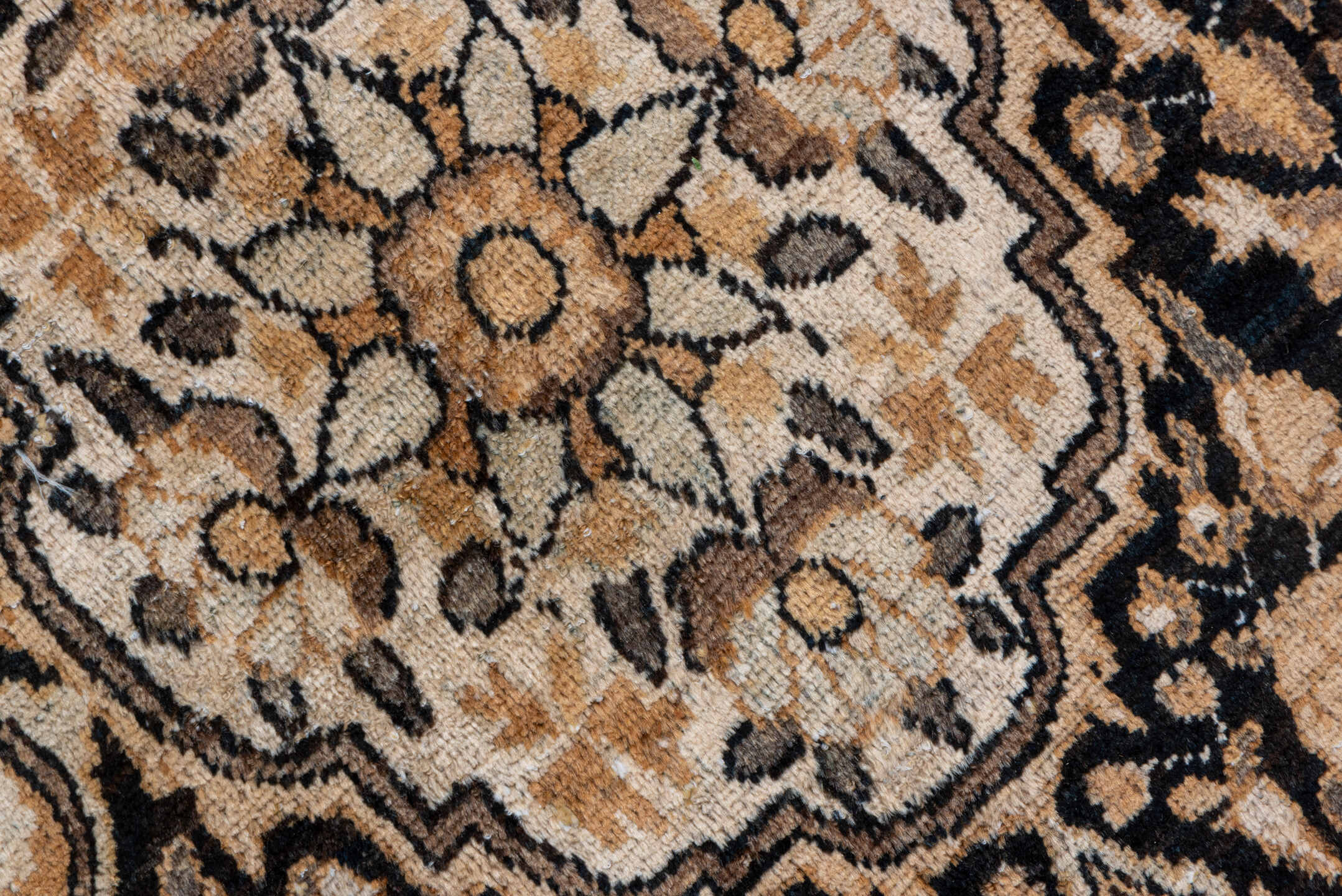 9' x 13' one-of-a-kind handmade antique Kerman large size rug. Color palette: navy, camel, ivory, taupe, rust, brown, blue