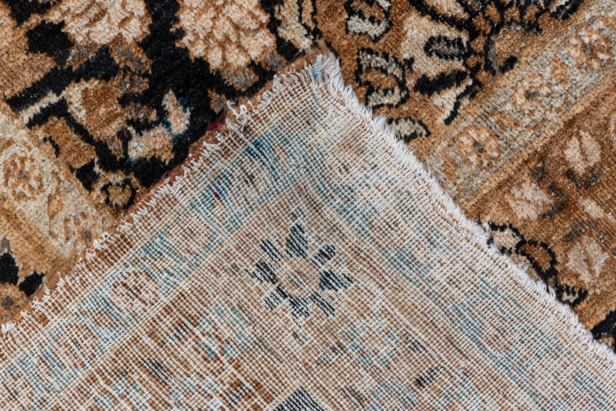 9' x 13' one-of-a-kind handmade antique Kerman large size rug. Color palette: navy, camel, ivory, taupe, rust, brown, blue