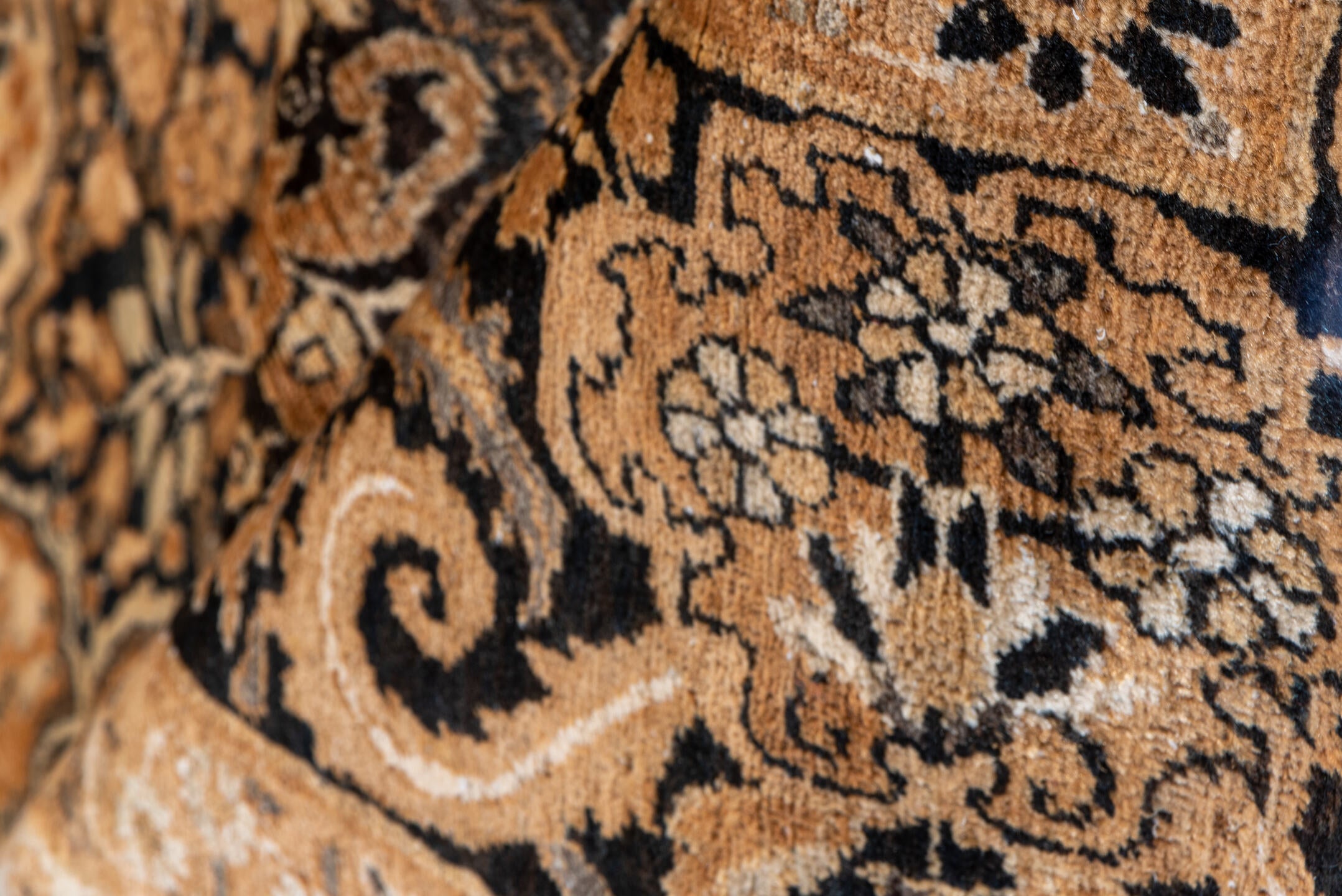9' x 13' one-of-a-kind handmade antique Kerman large size rug. Color palette: navy, camel, ivory, taupe, rust, brown, blue