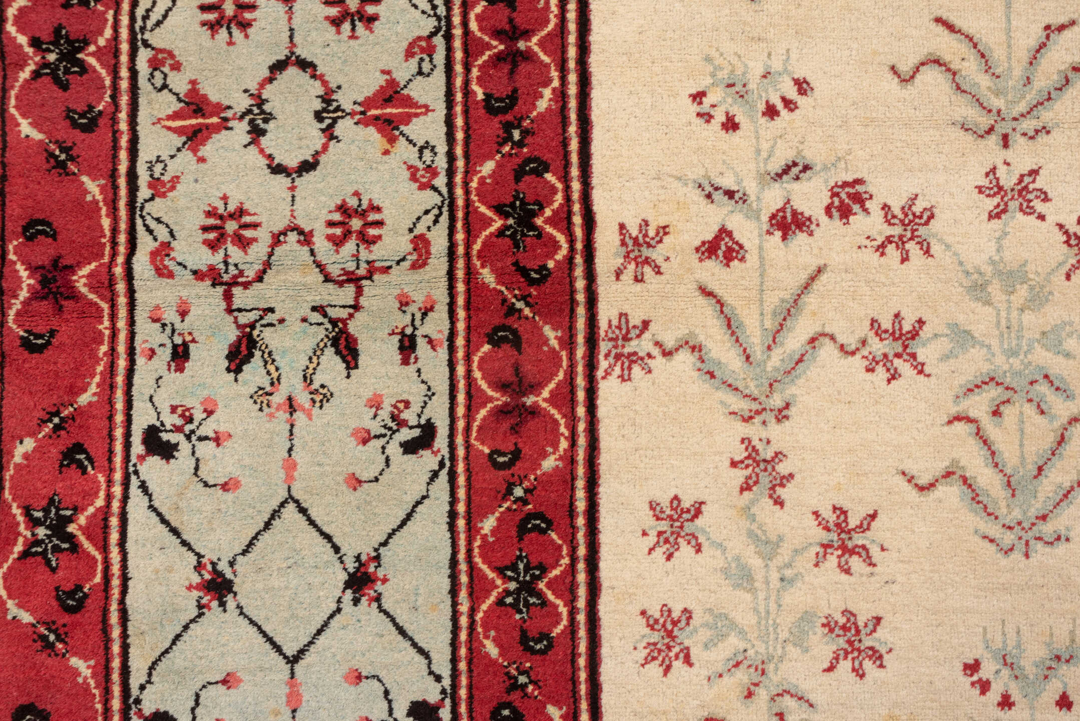 10' x 15' one-of-a-kind handmade vintage Agra rug. Color palette: ivory, coral, rose, sage, taupe, charcoal, terracotta