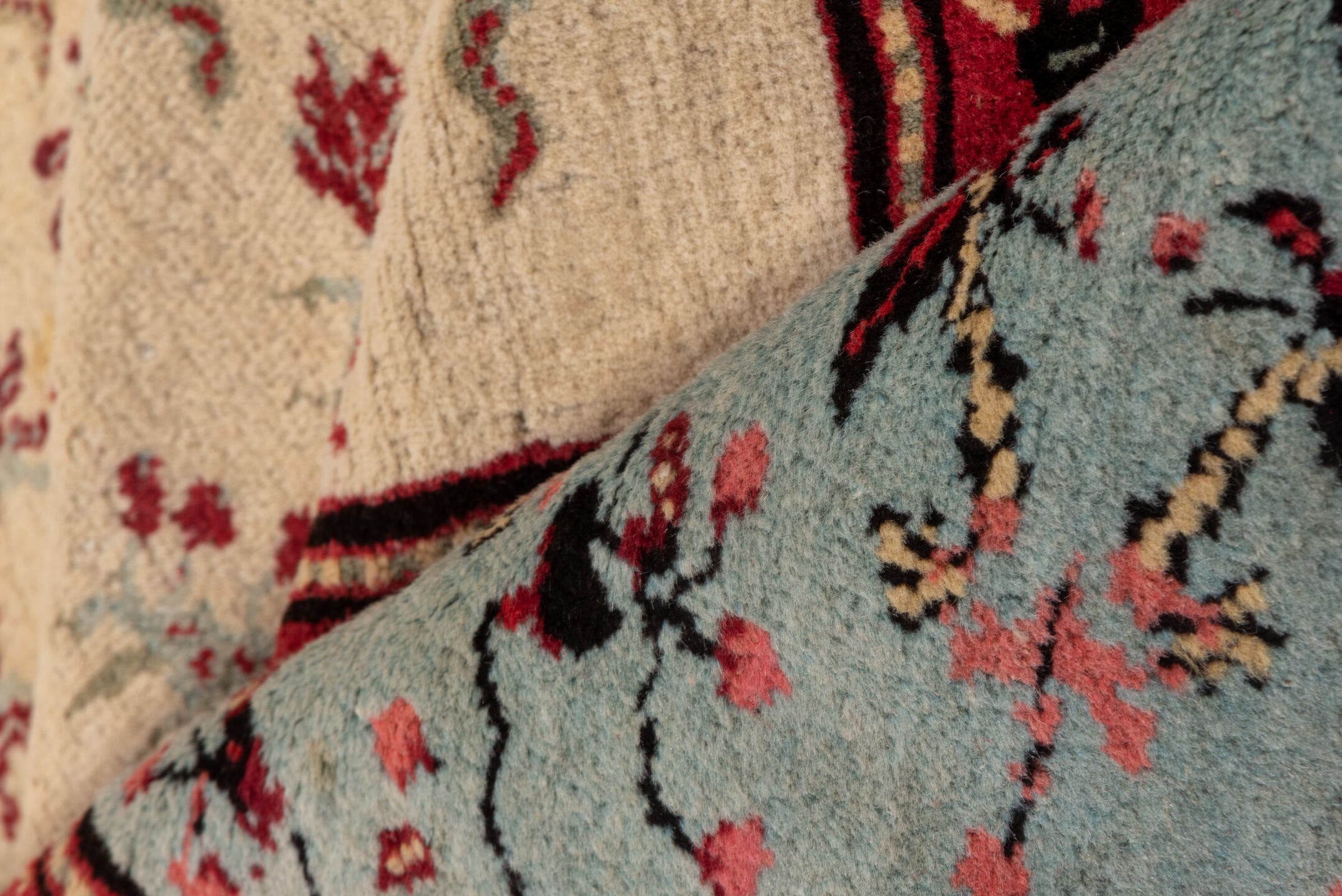 10' x 15' one-of-a-kind handmade vintage Agra rug. Color palette: ivory, coral, rose, sage, taupe, charcoal, terracotta