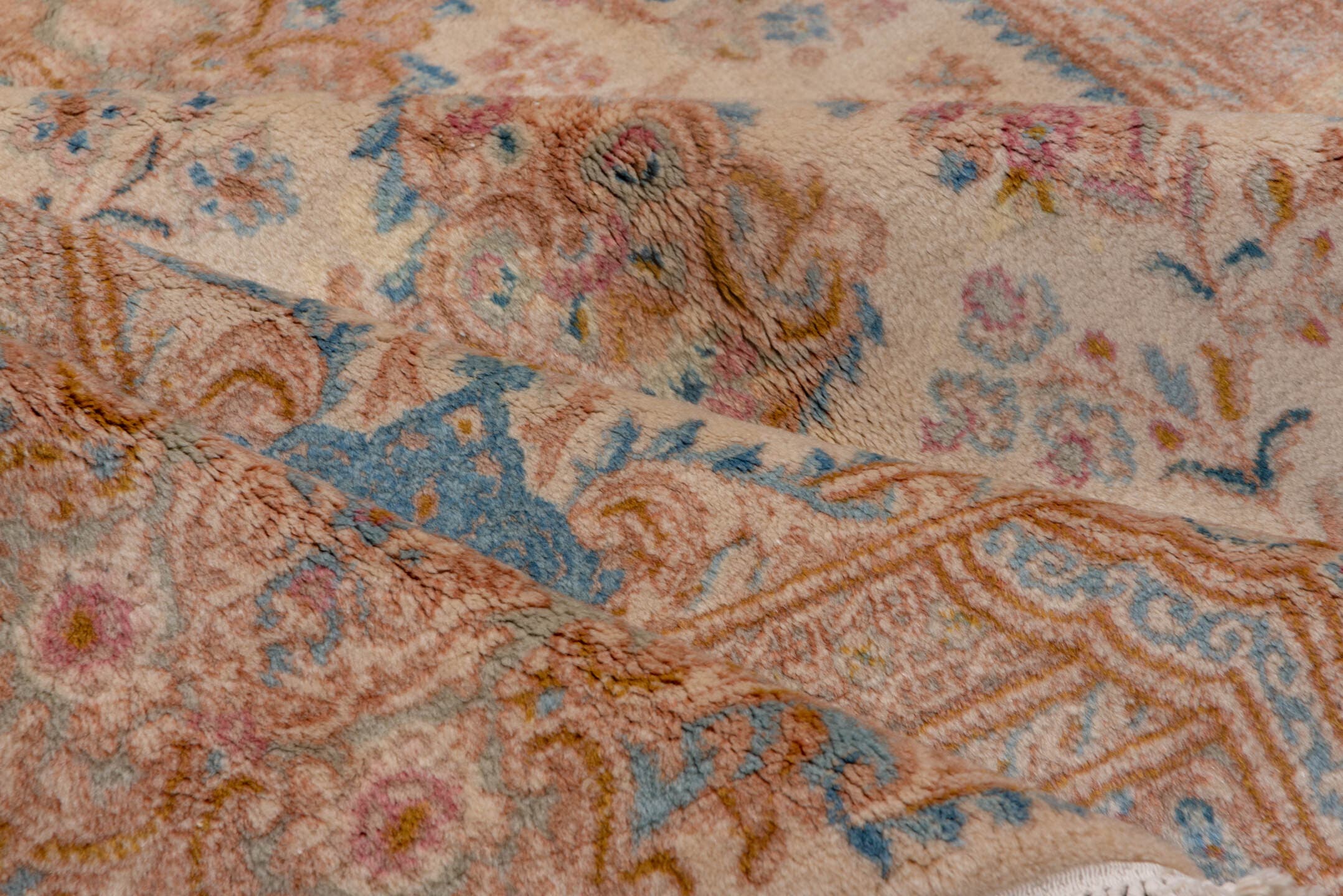 5' x 9' one-of-a-kind handmade vintage Kerman medium size rug. Color palette: ivory, beige, sky blue, blush, gold, taupe